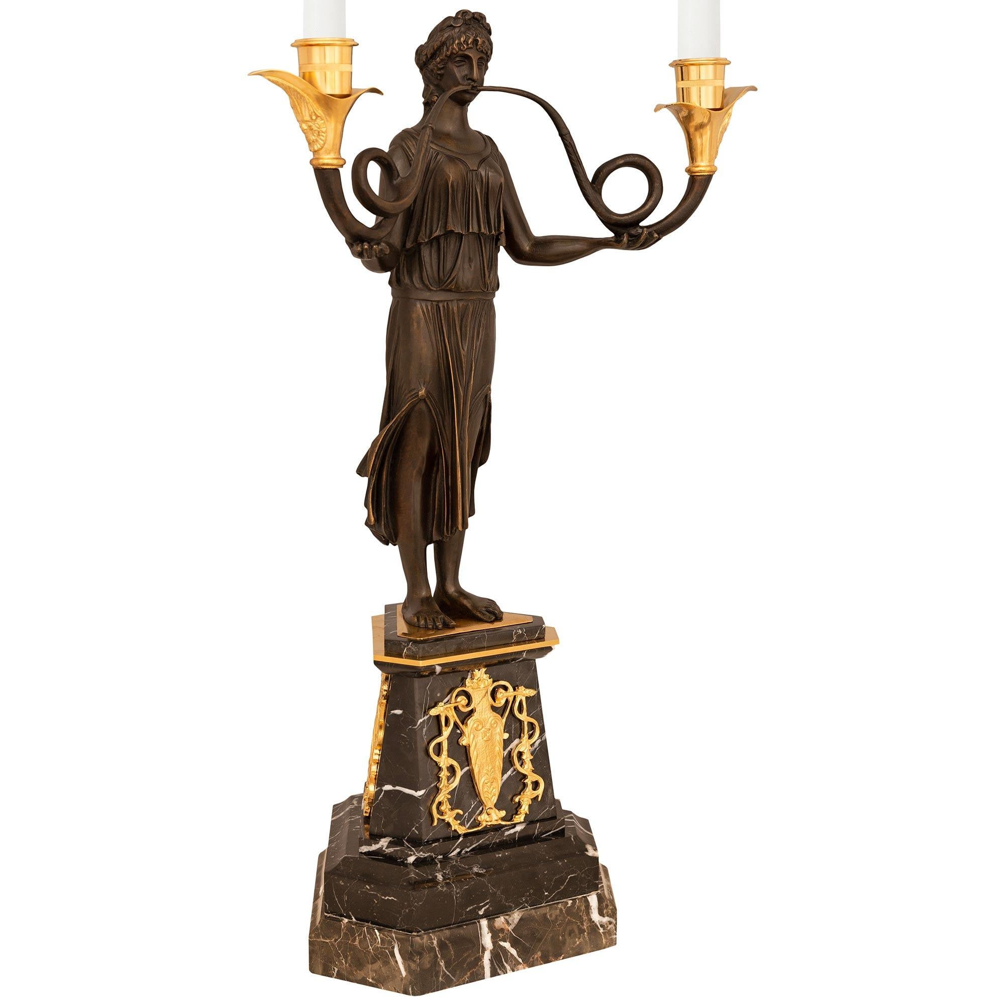 Patinated Pair Of French 19th Century Neoclassical St. Bronze, Ormolu & Marble Candelabras For Sale