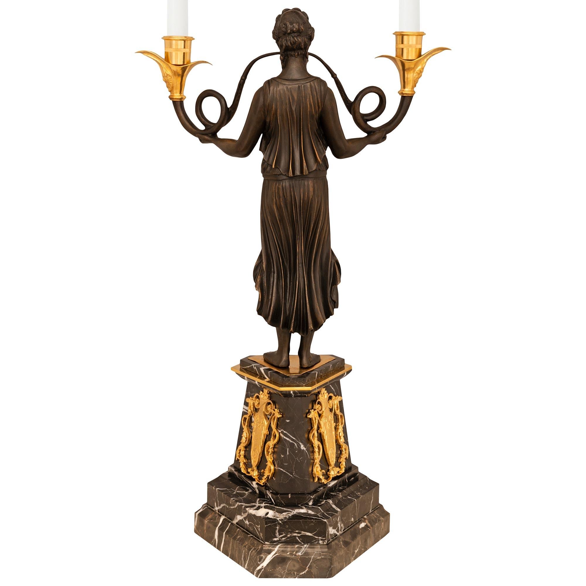 Pair Of French 19th Century Neoclassical St. Bronze, Ormolu & Marble Candelabras For Sale 5