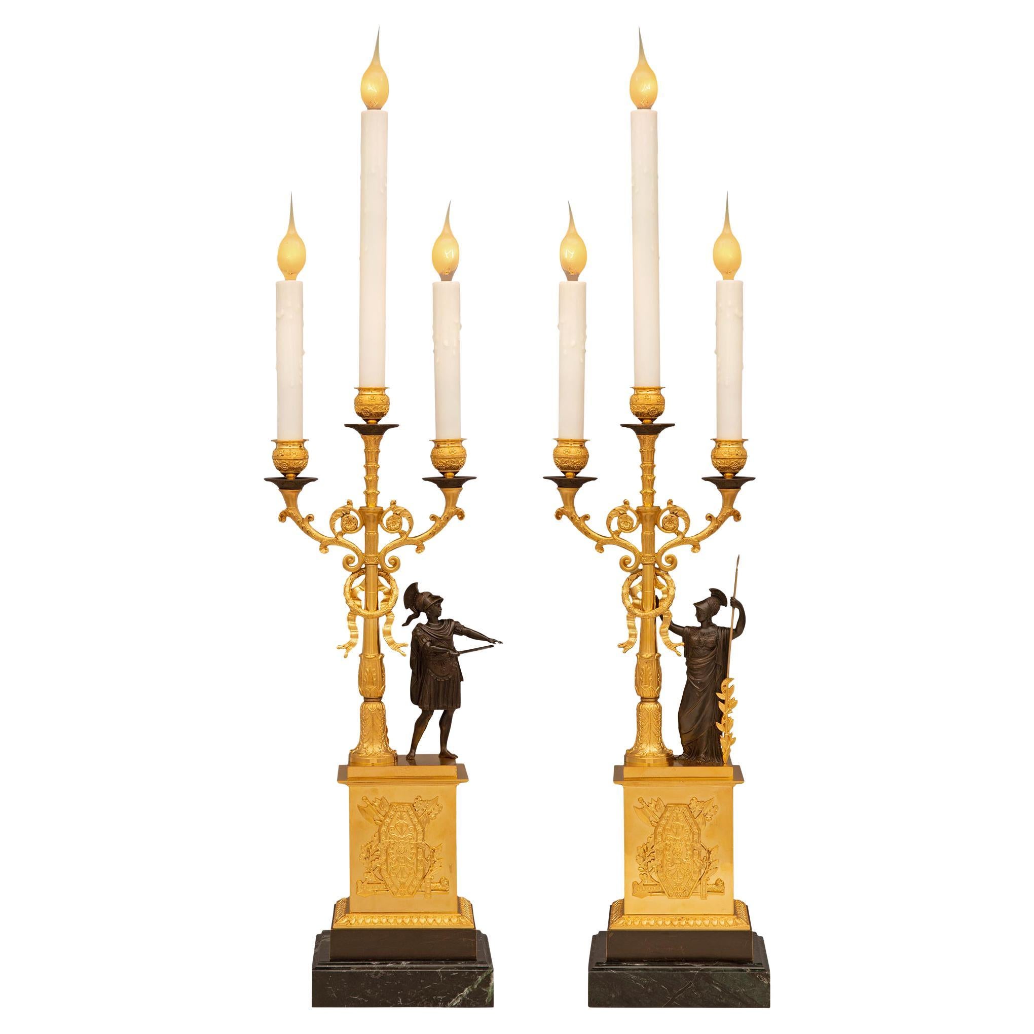 Pair of French 19th Century Neoclassical St. Ormolu, Bronze and Marble Lamps For Sale