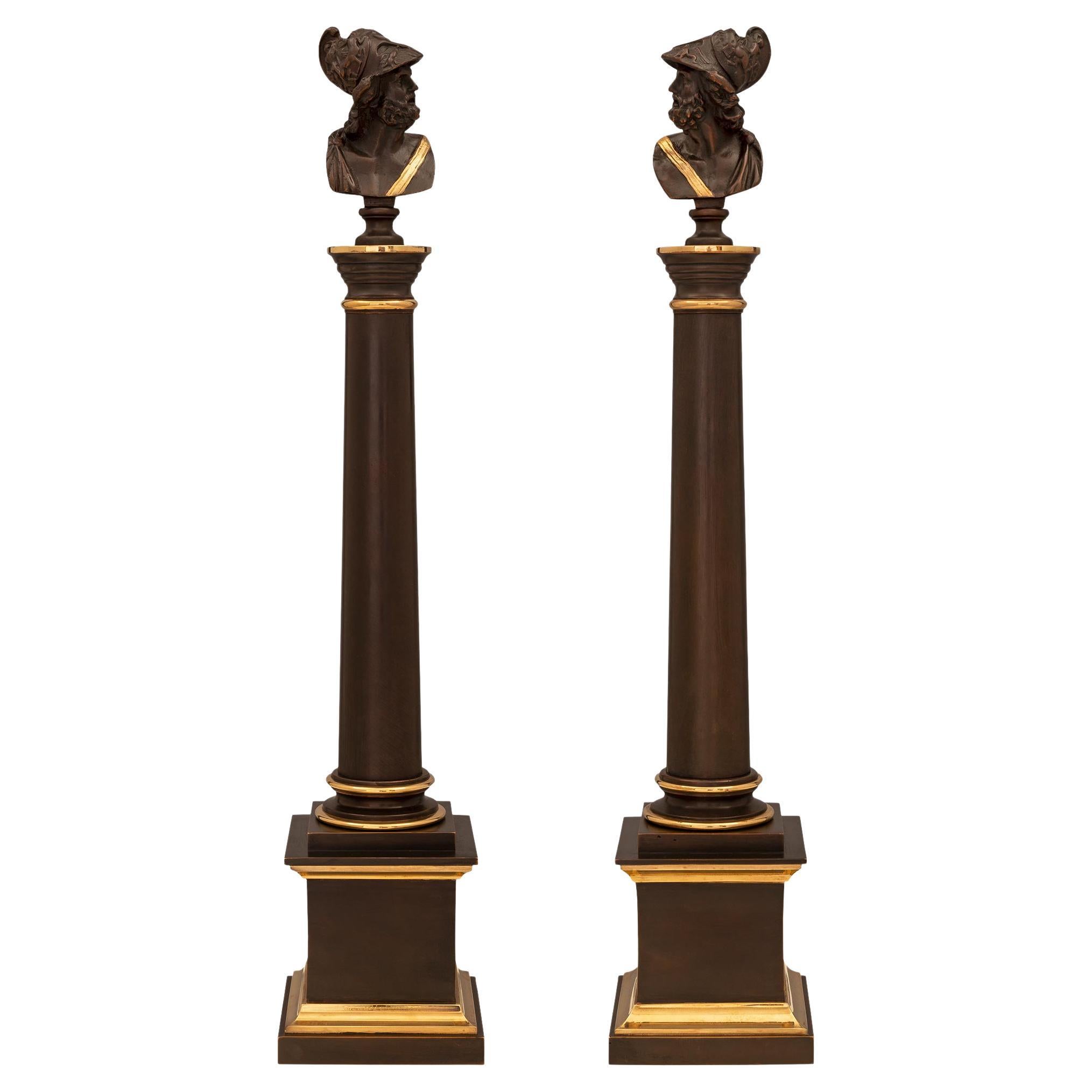 Pair of French 19th Century Neoclassical St. Patinated Bronze and Ormolu Columns For Sale