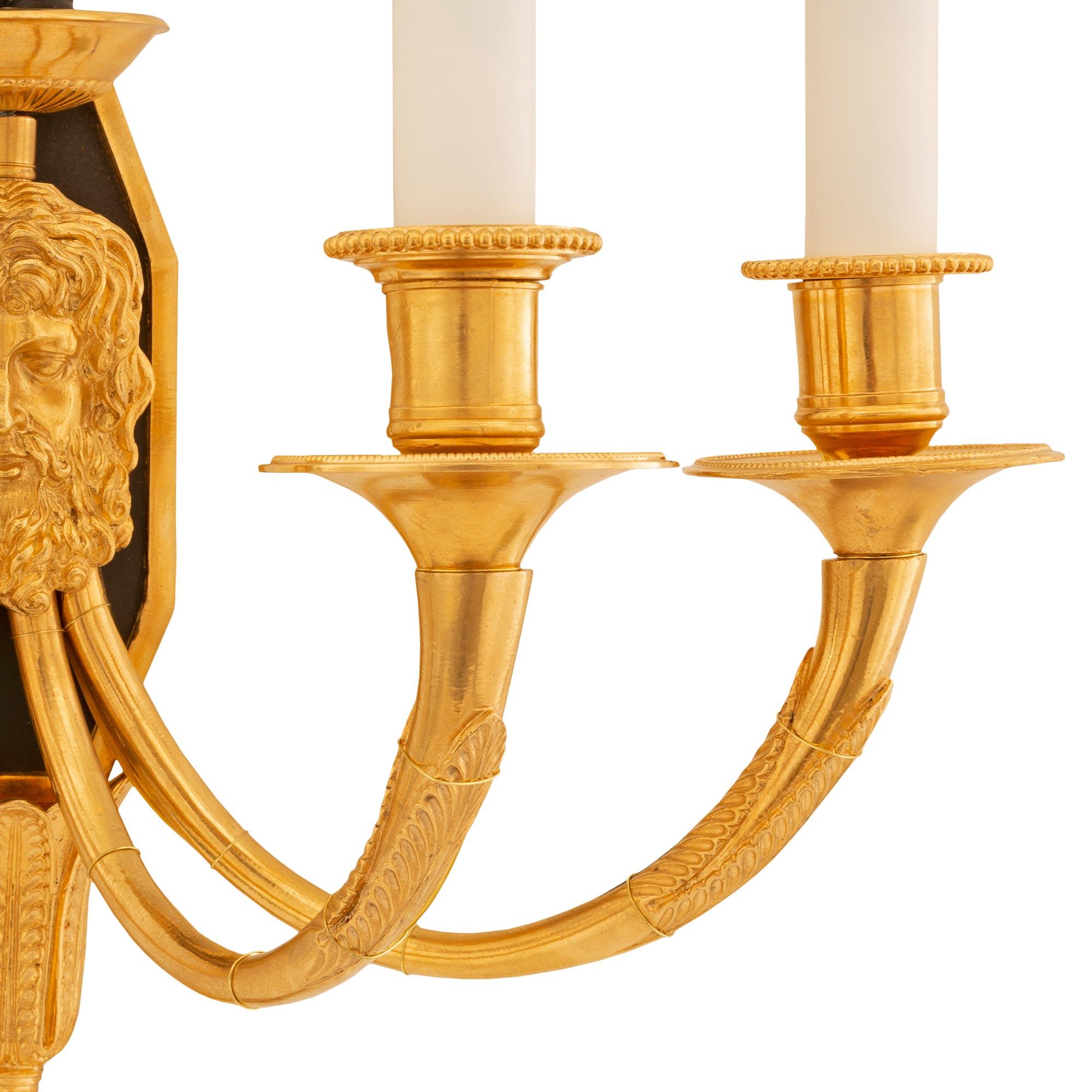 Pair of French 19th Century Neoclassical St. Patinated Bronze and Ormolu Sconces For Sale 3