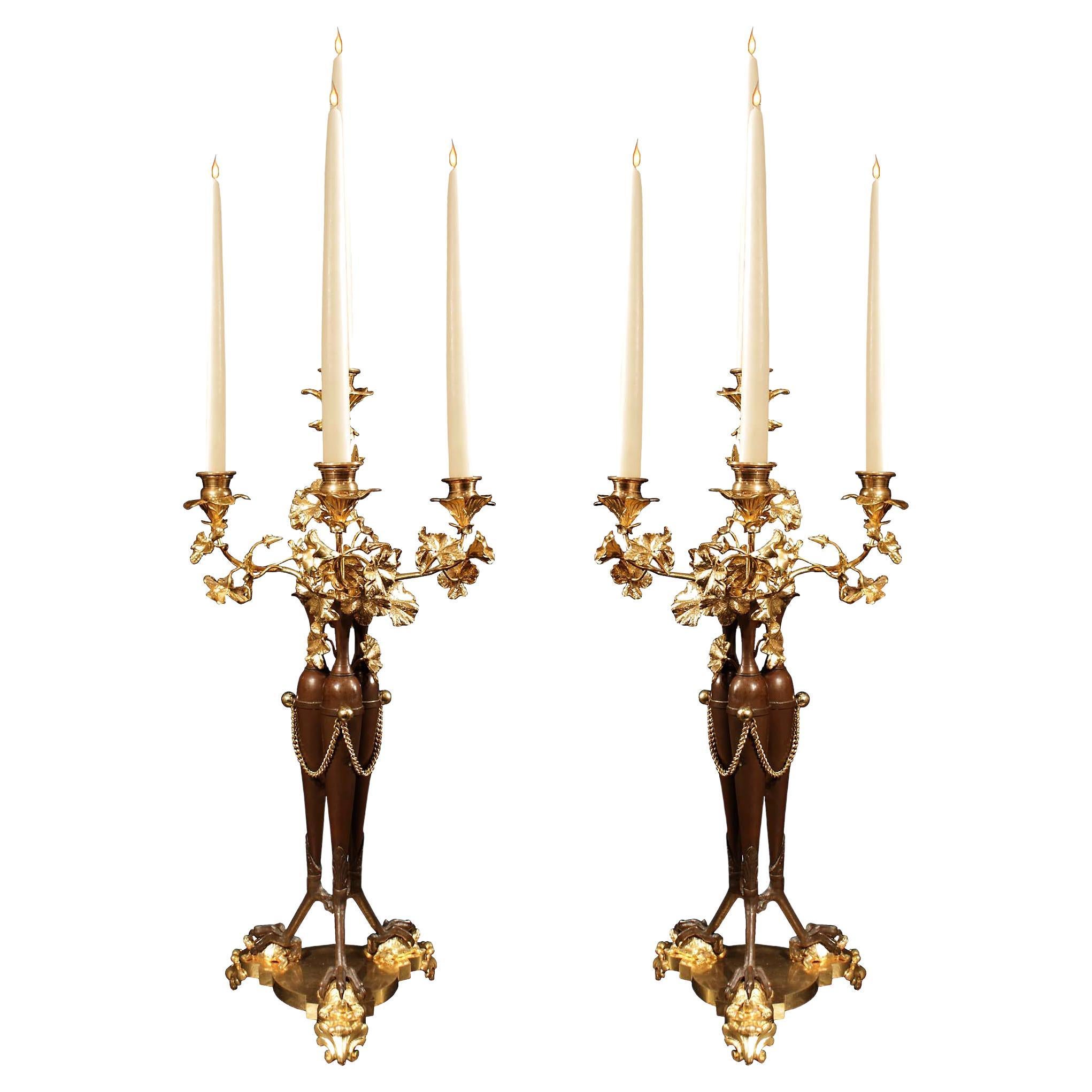 Pair of French 19th Century Neoclassical Style Bronze and Ormolu Candelabras