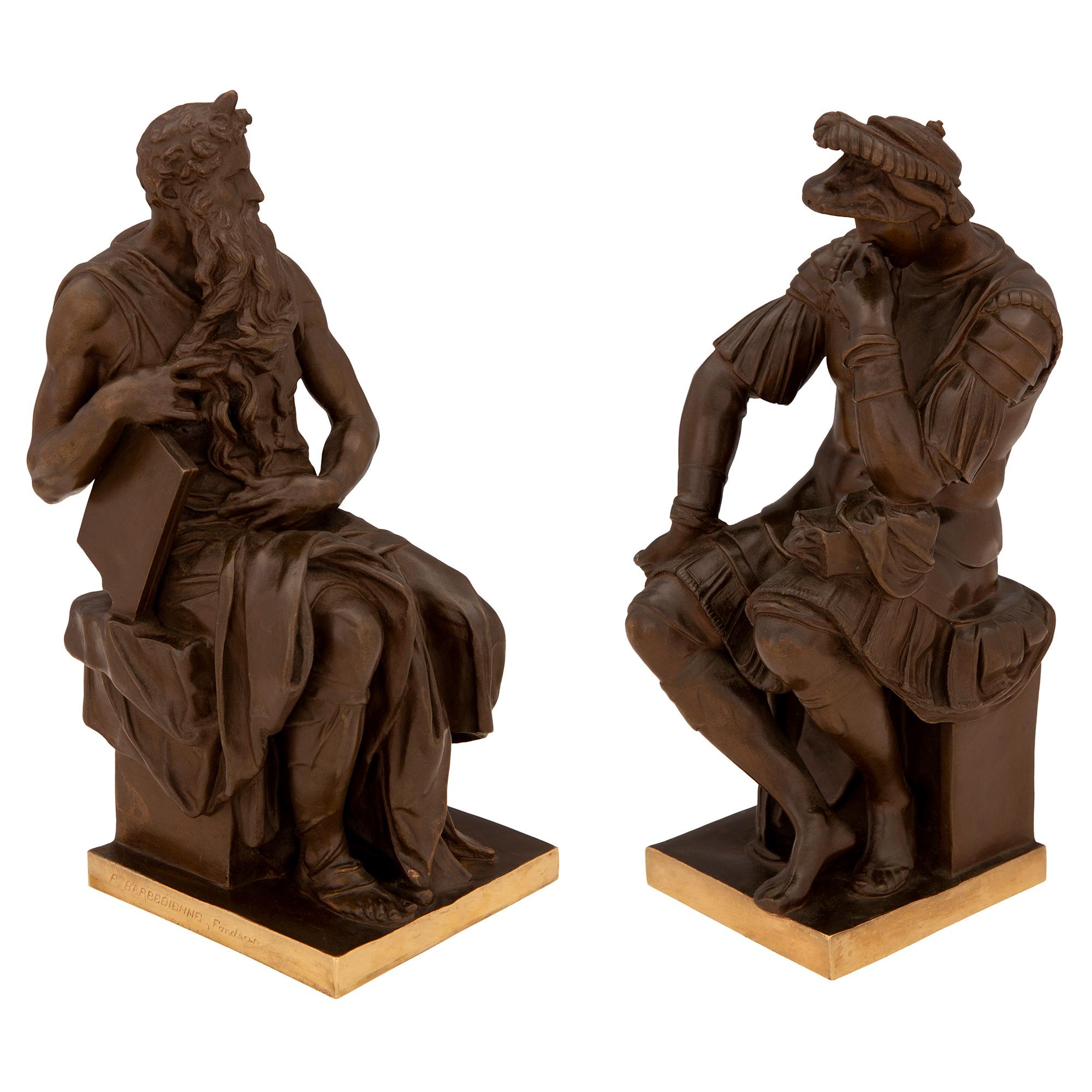 An impressive and high quality true pair of French 19th century Neo-Classical st. patinated bronze and ormolu statues of Moses and the Seated Thinker, signed F. Barbedienne, Fondeur. Each statue is raised by an elegant square ormolu base where the