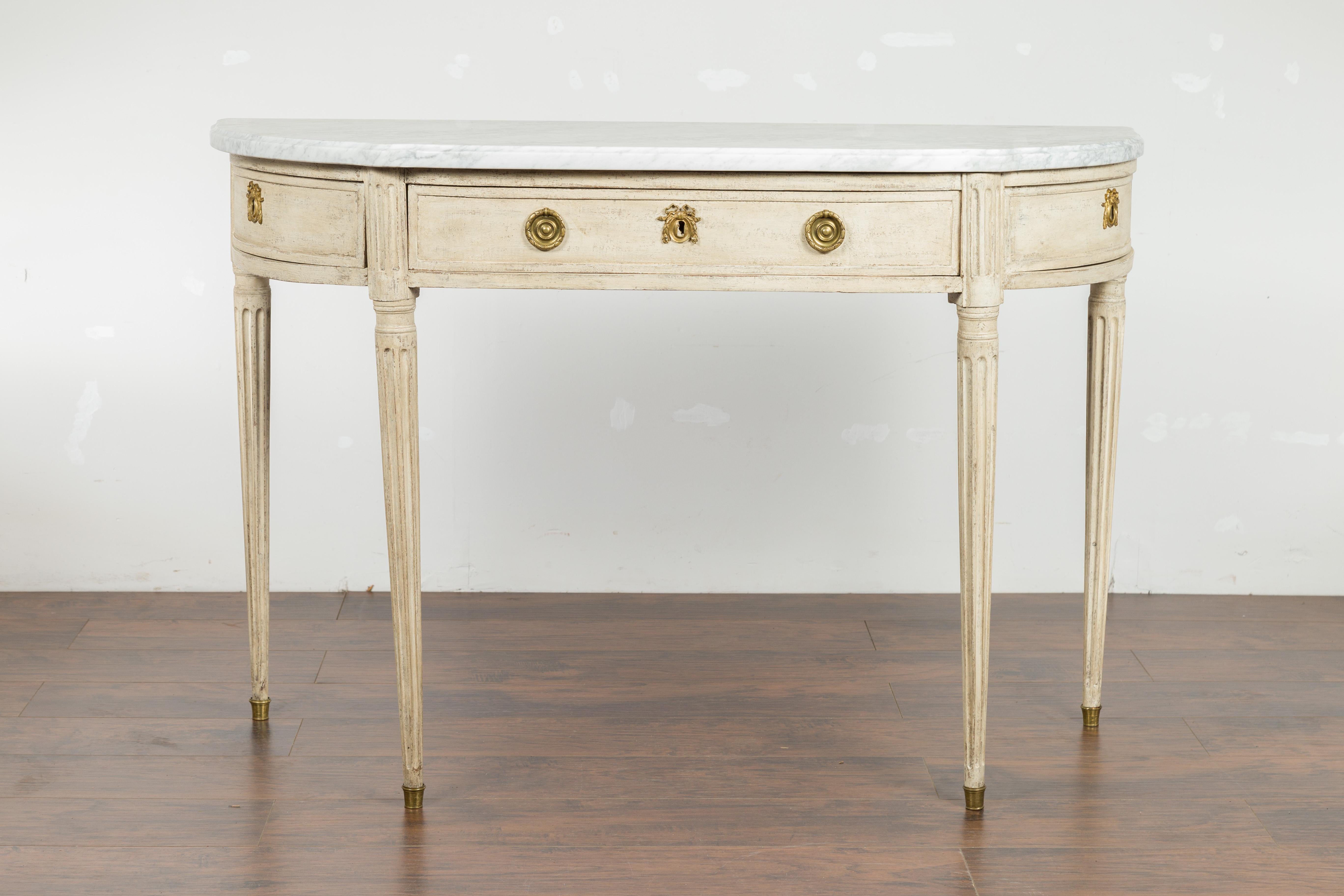 Pair of French 19th Century Neoclassical Style Demilune Tables with Marble Tops For Sale 7