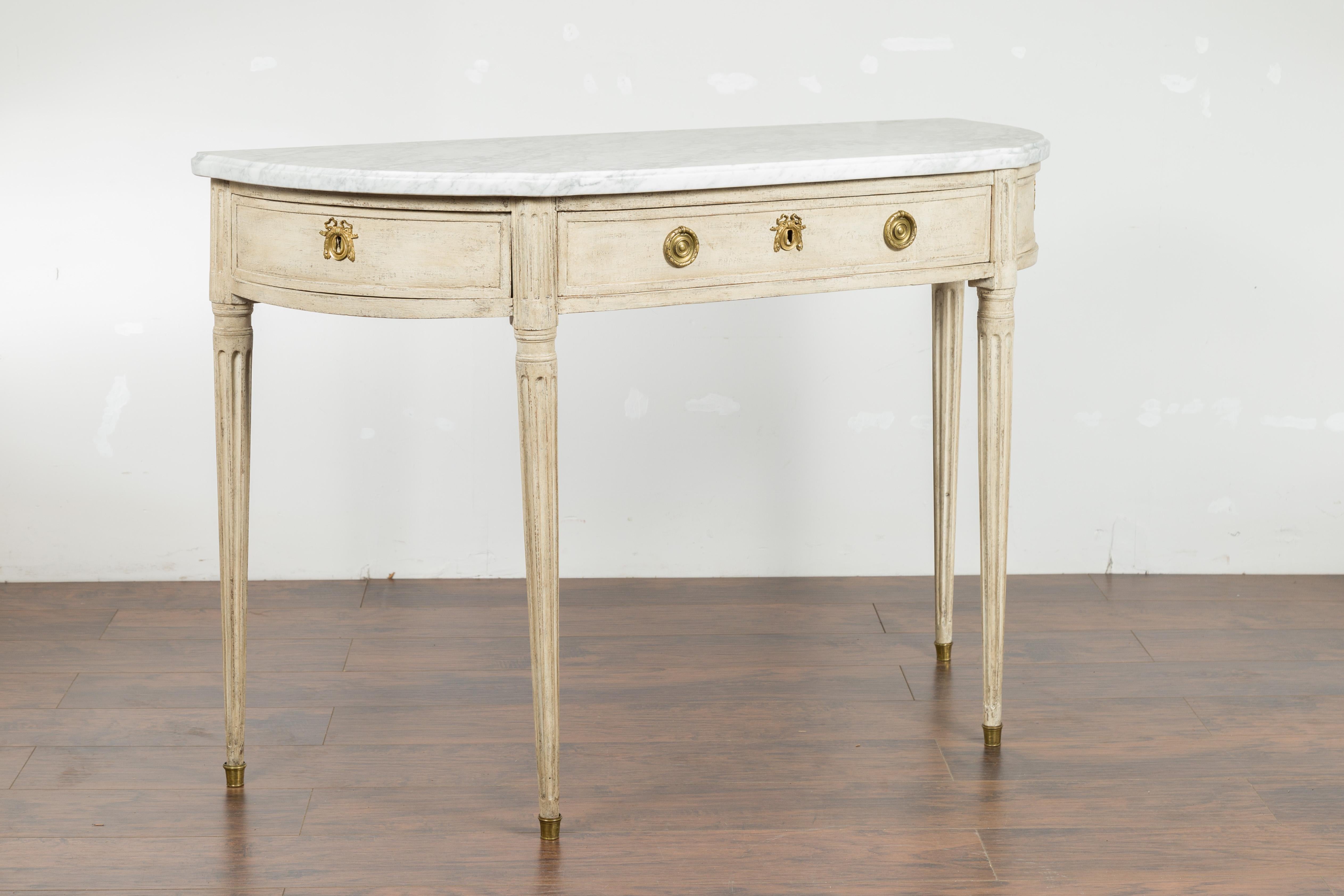 Pair of French 19th Century Neoclassical Style Demilune Tables with Marble Tops For Sale 8