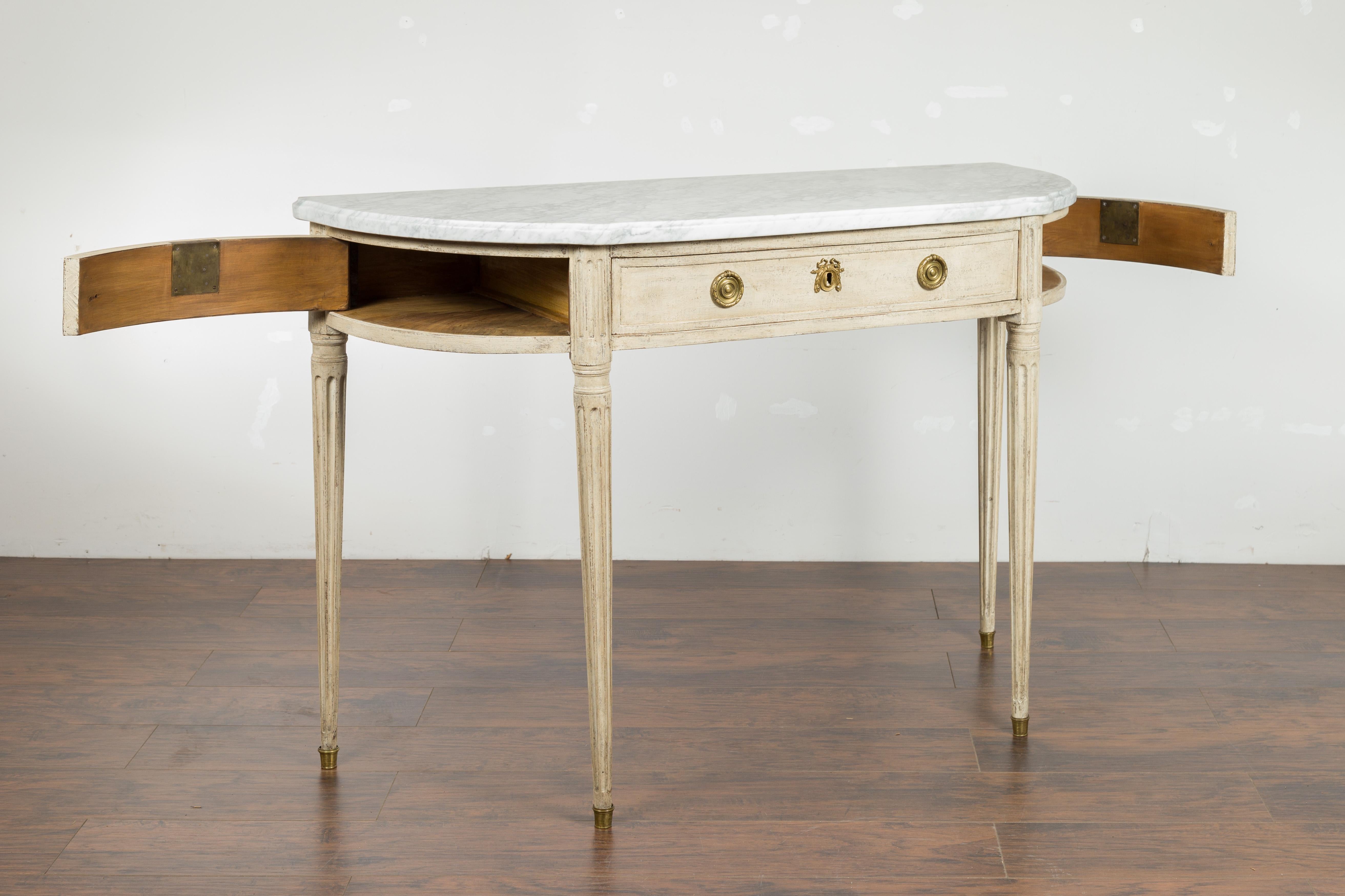 Pair of French 19th Century Neoclassical Style Demilune Tables with Marble Tops For Sale 9
