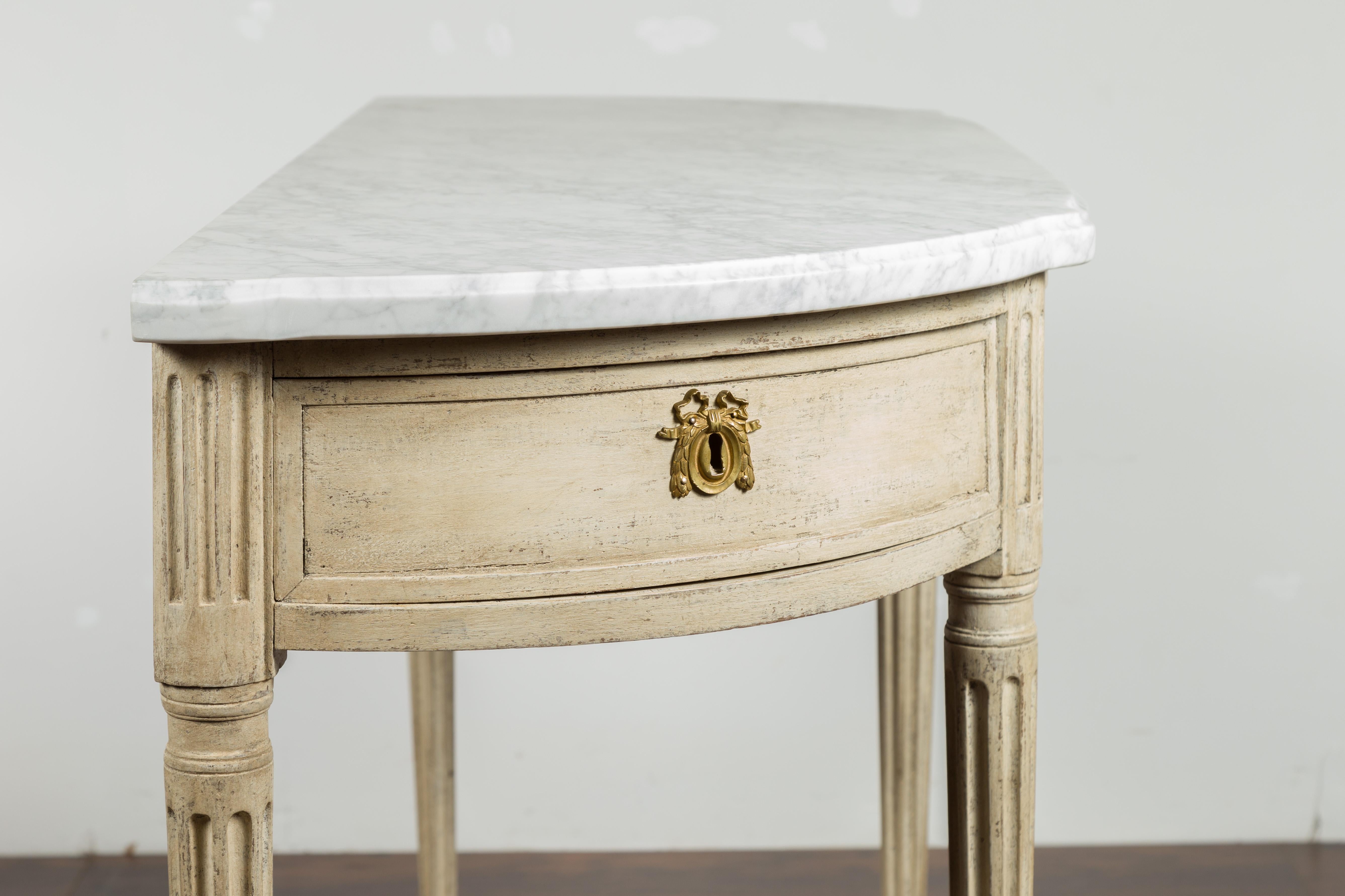 Pair of French 19th Century Neoclassical Style Demilune Tables with Marble Tops For Sale 11