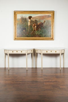 Pair of French 19th Century Neoclassical Style Demilune Tables with Marble Tops