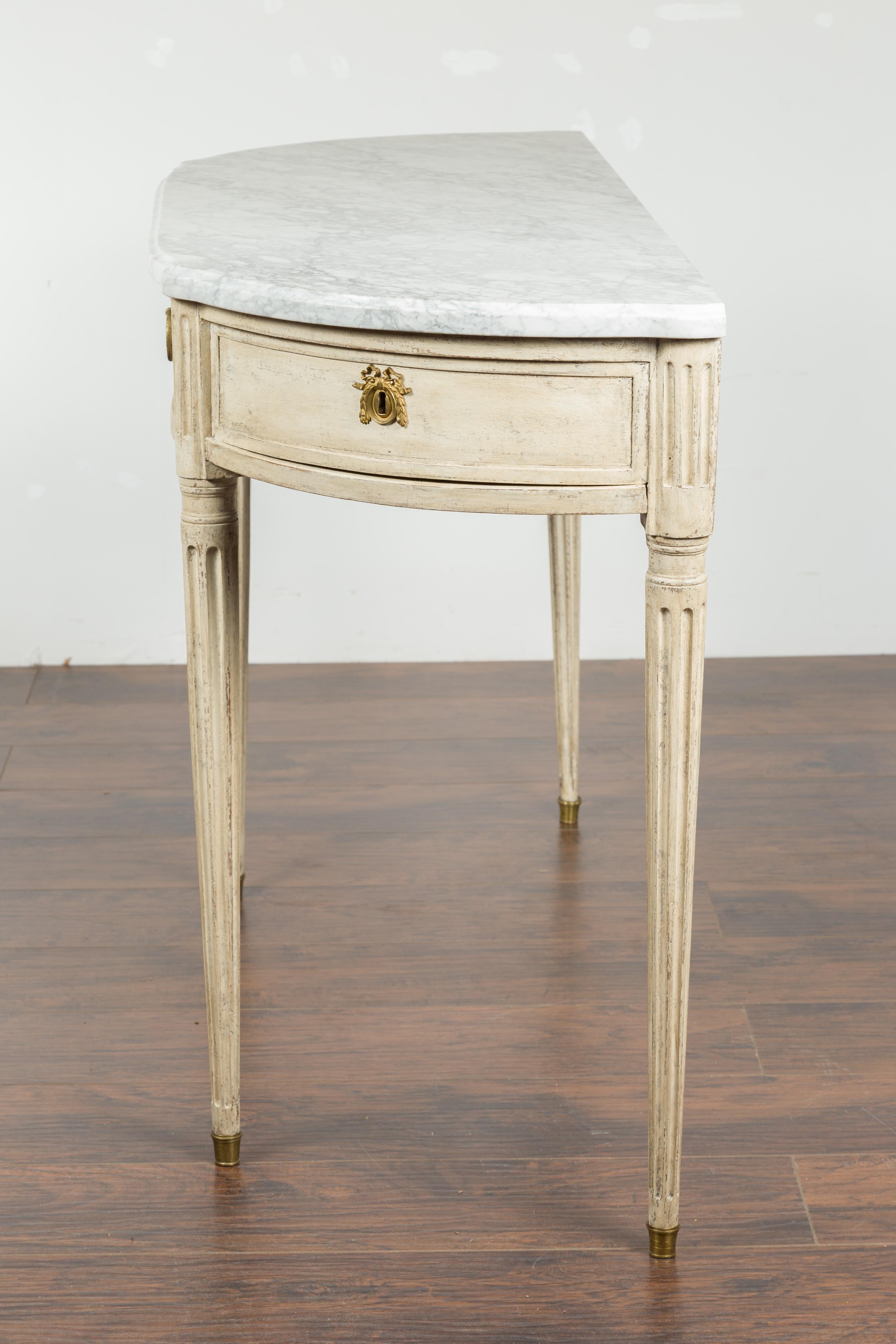 Pair of French 19th Century Neoclassical Style Demilune Tables with Marble Tops For Sale 16