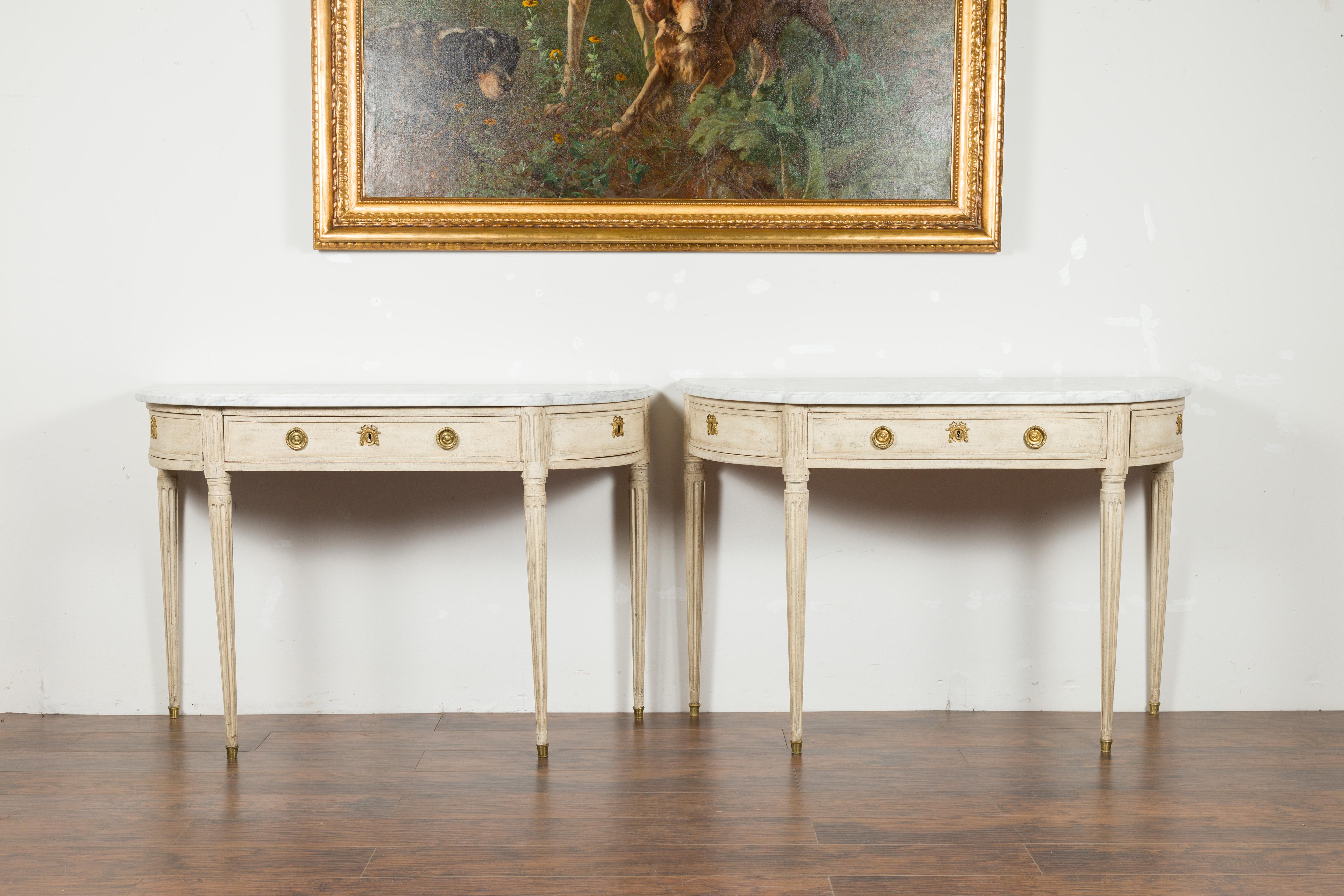 Carved Pair of French 19th Century Neoclassical Style Demilune Tables with Marble Tops For Sale