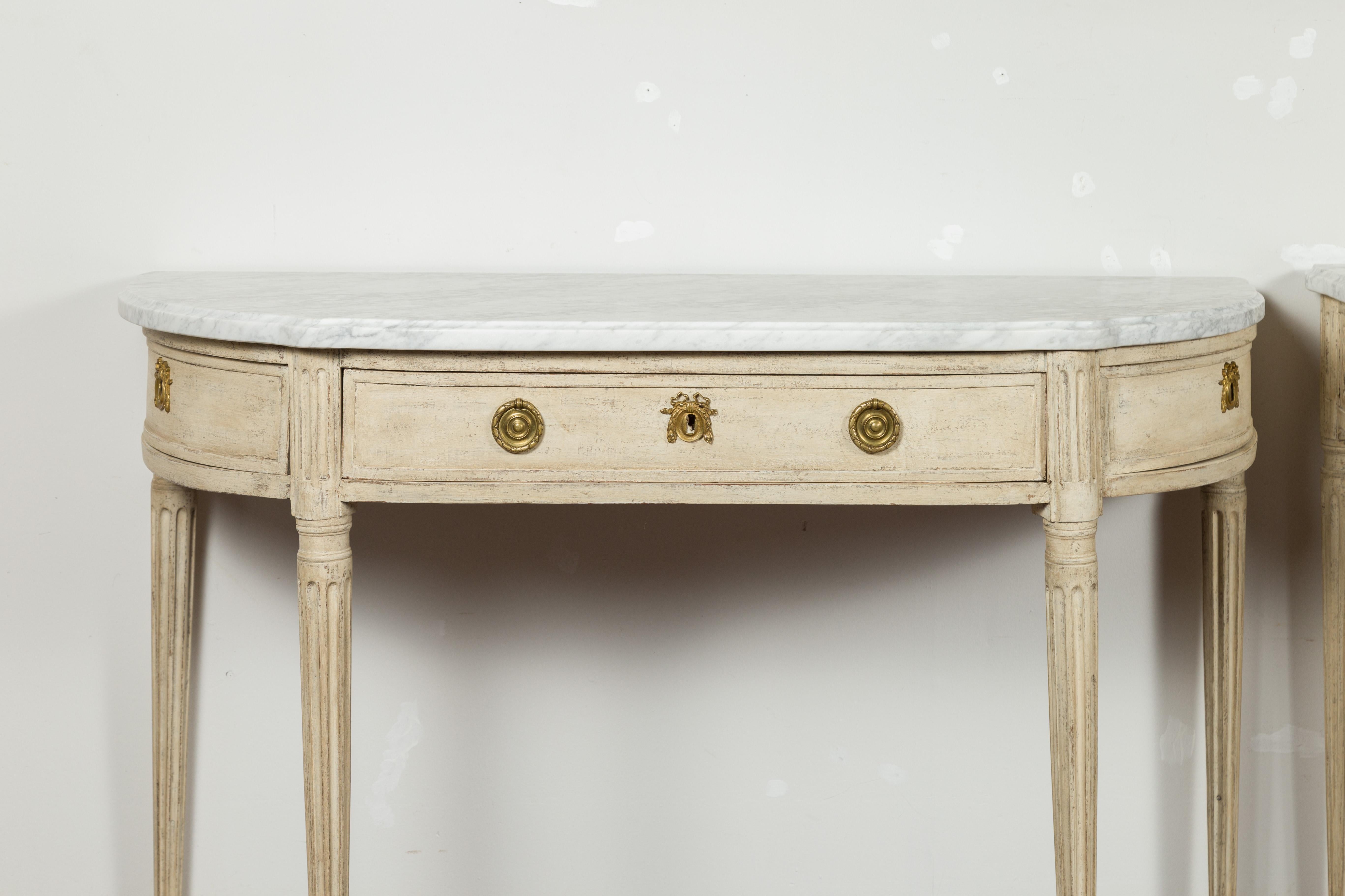 Pair of French 19th Century Neoclassical Style Demilune Tables with Marble Tops In Good Condition For Sale In Atlanta, GA