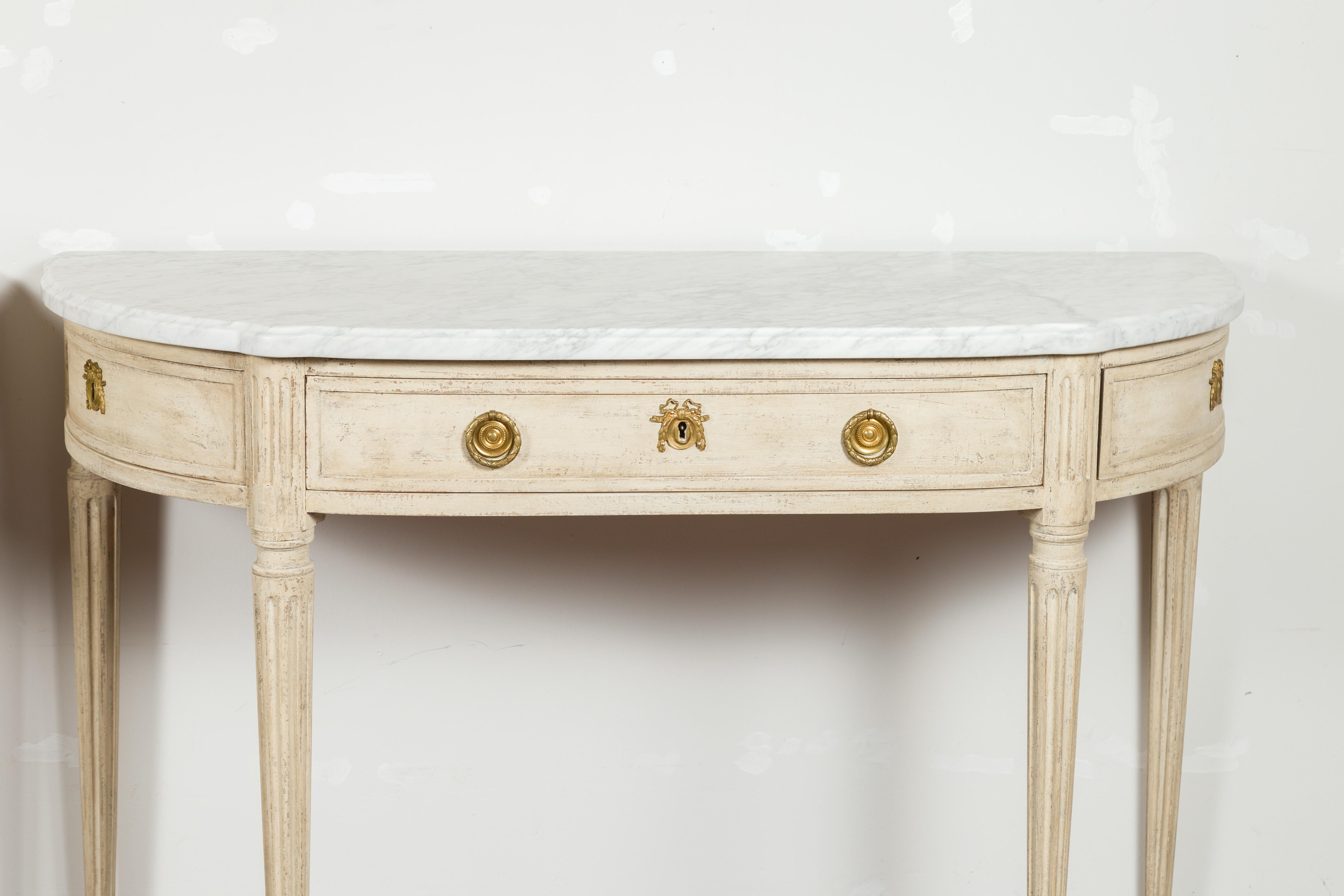 Pair of French 19th Century Neoclassical Style Demilune Tables with Marble Tops For Sale 1