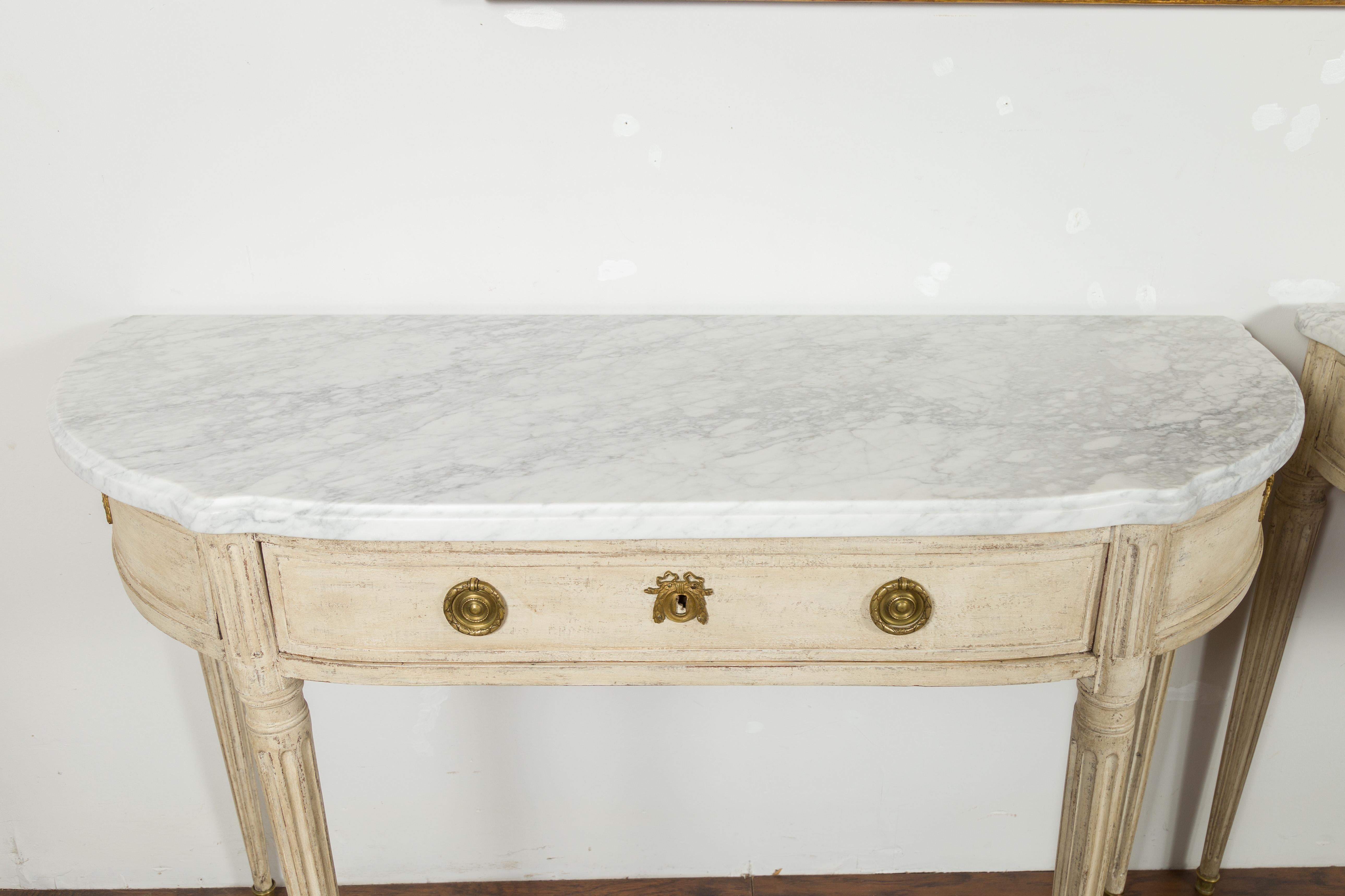 Pair of French 19th Century Neoclassical Style Demilune Tables with Marble Tops For Sale 2