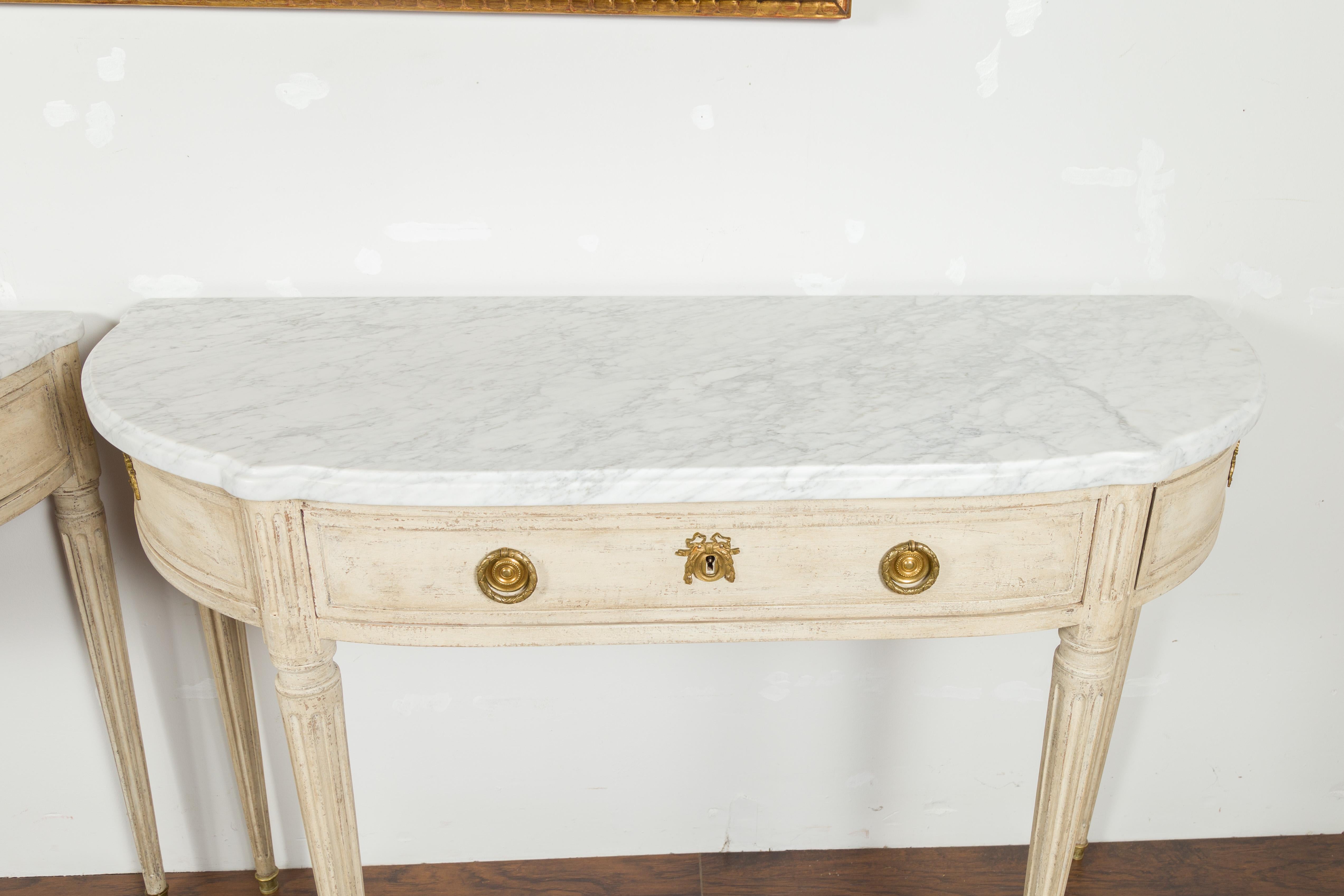 Pair of French 19th Century Neoclassical Style Demilune Tables with Marble Tops For Sale 3