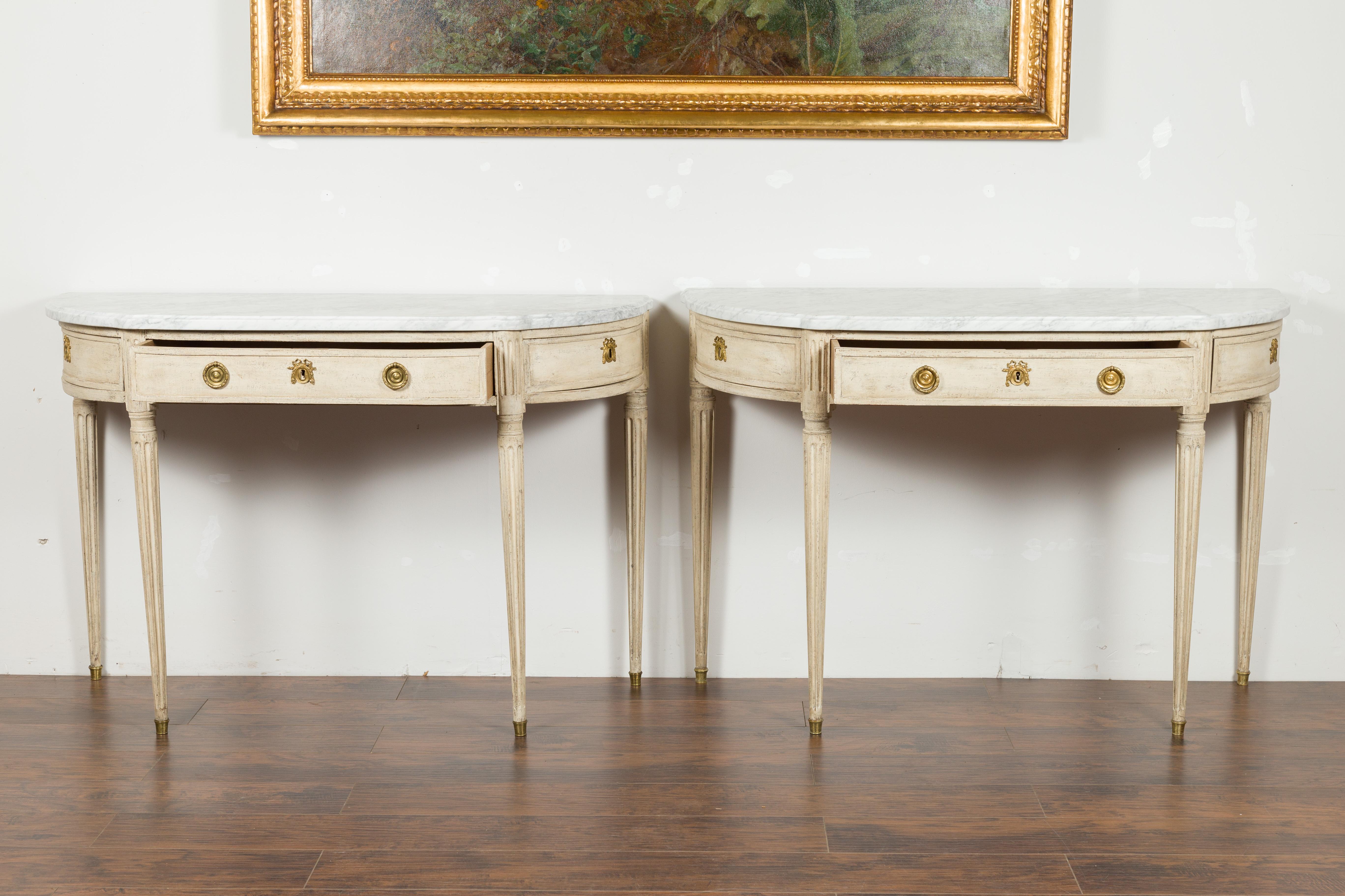 Pair of French 19th Century Neoclassical Style Demilune Tables with Marble Tops For Sale 5