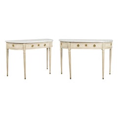 Pair of French 19th Century Neoclassical Style Demilune Tables with Marble Tops