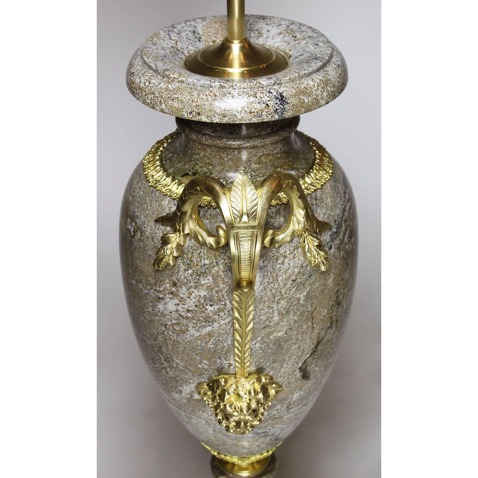 Brass Pair of French, 19th Century Neoclassical Style Gilt Bronze and Marble Urn Lamps For Sale