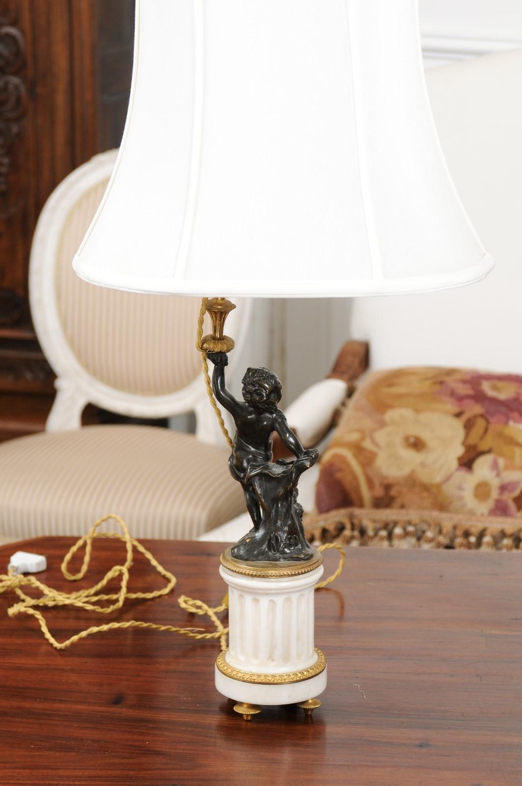 Pair of French 19th Century Neoclassical Style Marble and Bronze Putti Lamps For Sale 7