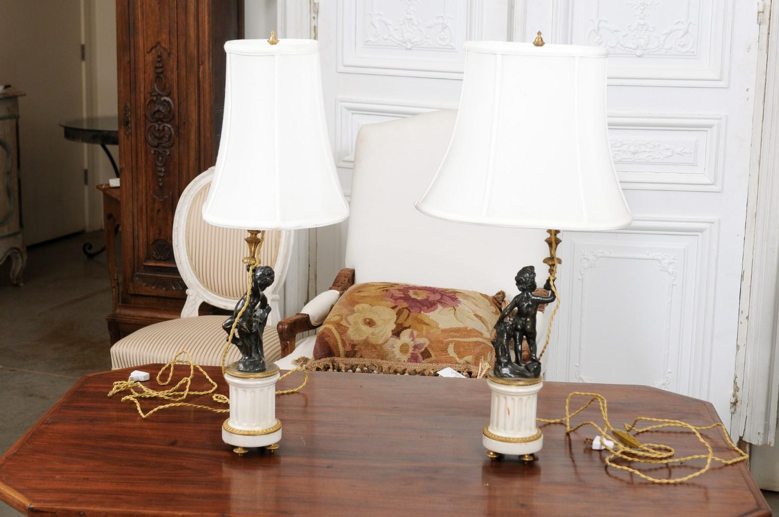 Pair of French 19th Century Neoclassical Style Marble and Bronze Putti Lamps For Sale 8