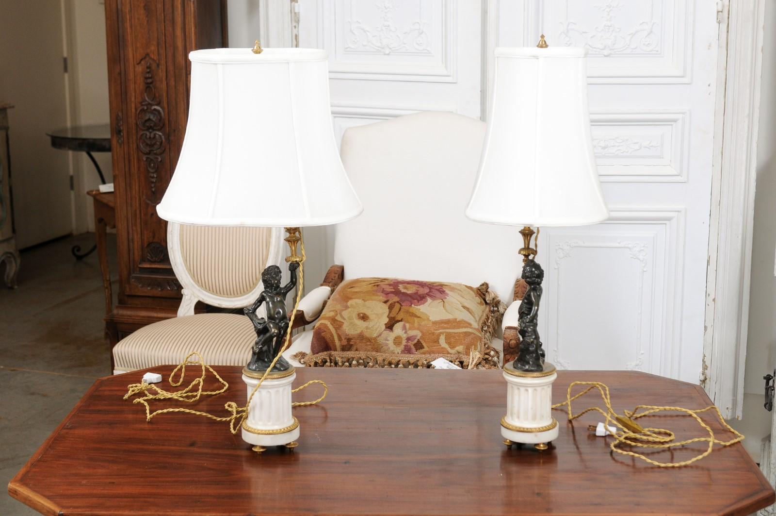 Pair of French 19th Century Neoclassical Style Marble and Bronze Putti Lamps For Sale 9