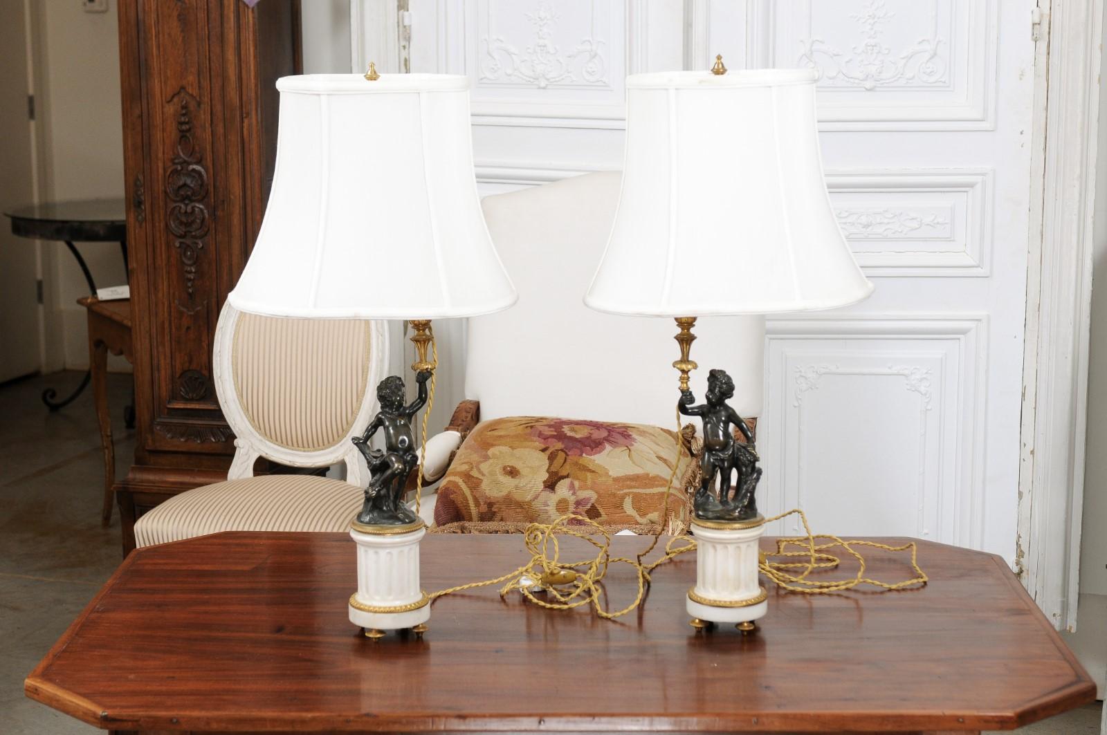 Pair of French 19th Century Neoclassical Style Marble and Bronze Putti Lamps For Sale 10