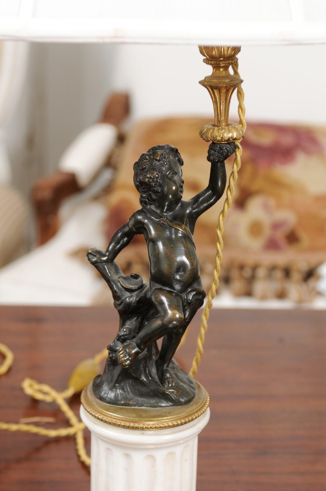 Pair of French 19th Century Neoclassical Style Marble and Bronze Putti Lamps For Sale 2