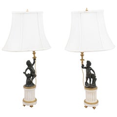 Pair of French 19th Century Neoclassical Style Marble and Bronze Putti Lamps