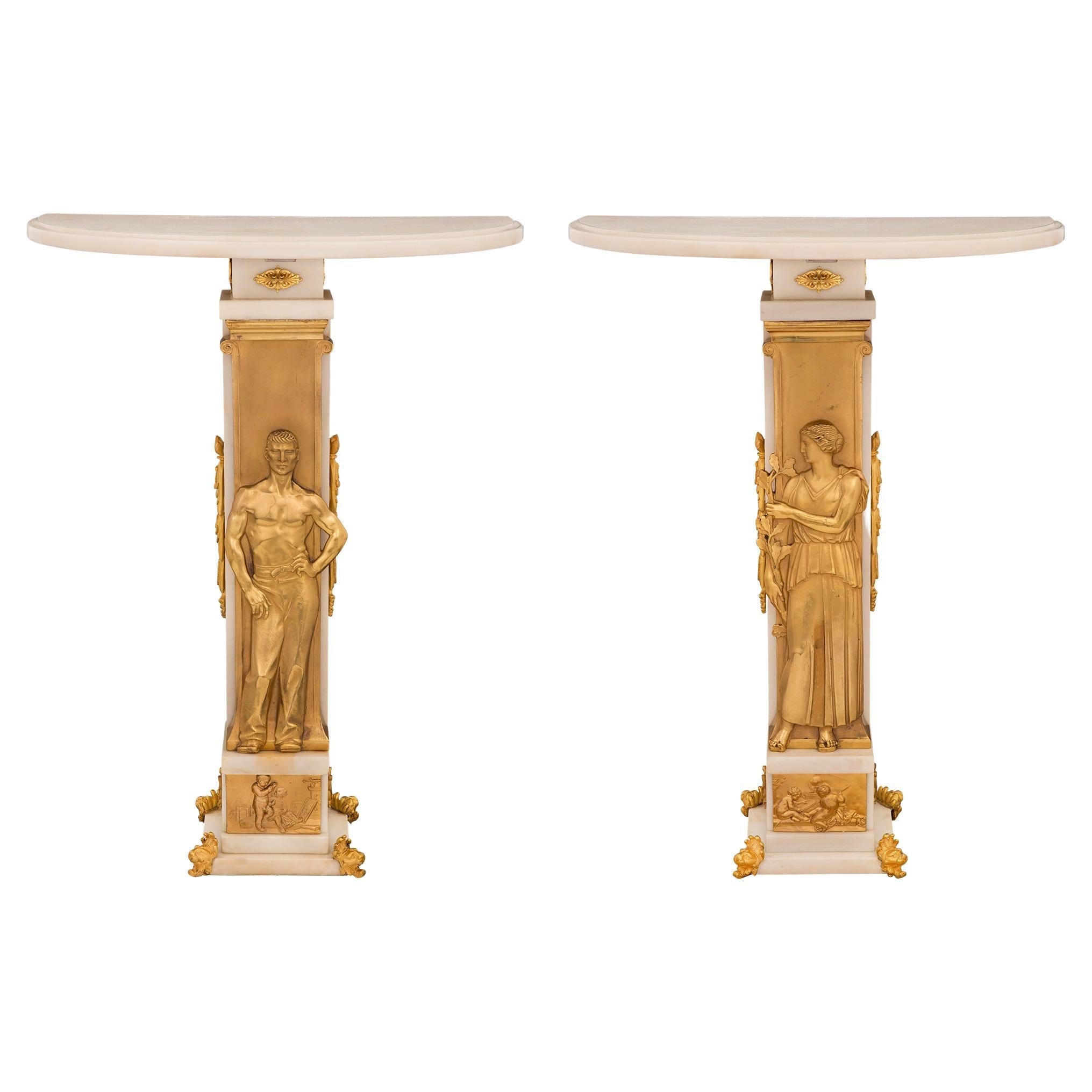 Pair of French 19th Century Neoclassical Style Marble and Ormolu Consoles For Sale