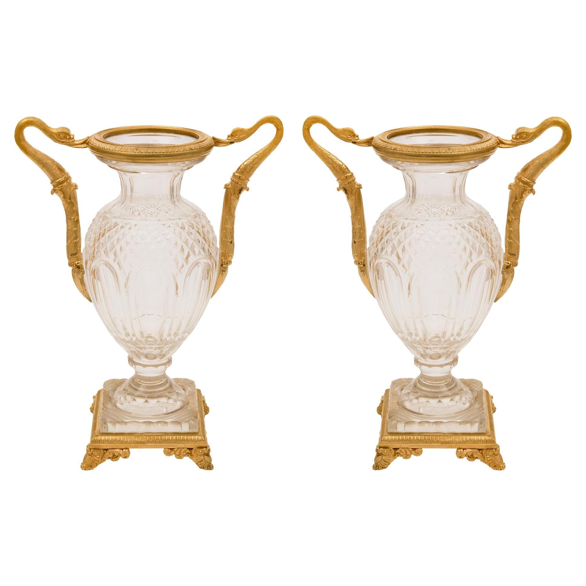 Pair of French 19th Century Neoclassical Style Ormolu and Crystal Vases For Sale