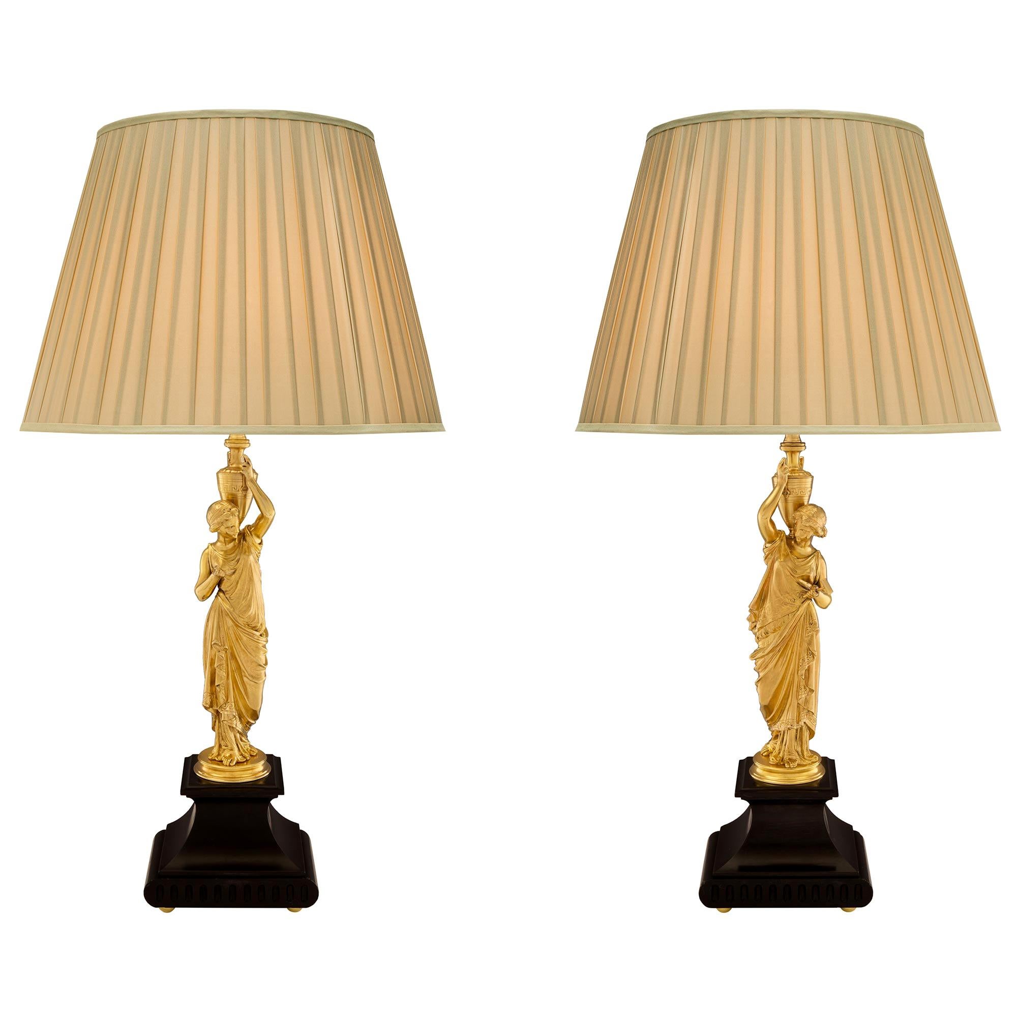 Pair of French 19th Century Neoclassical Style Ormolu and Marble Lamps