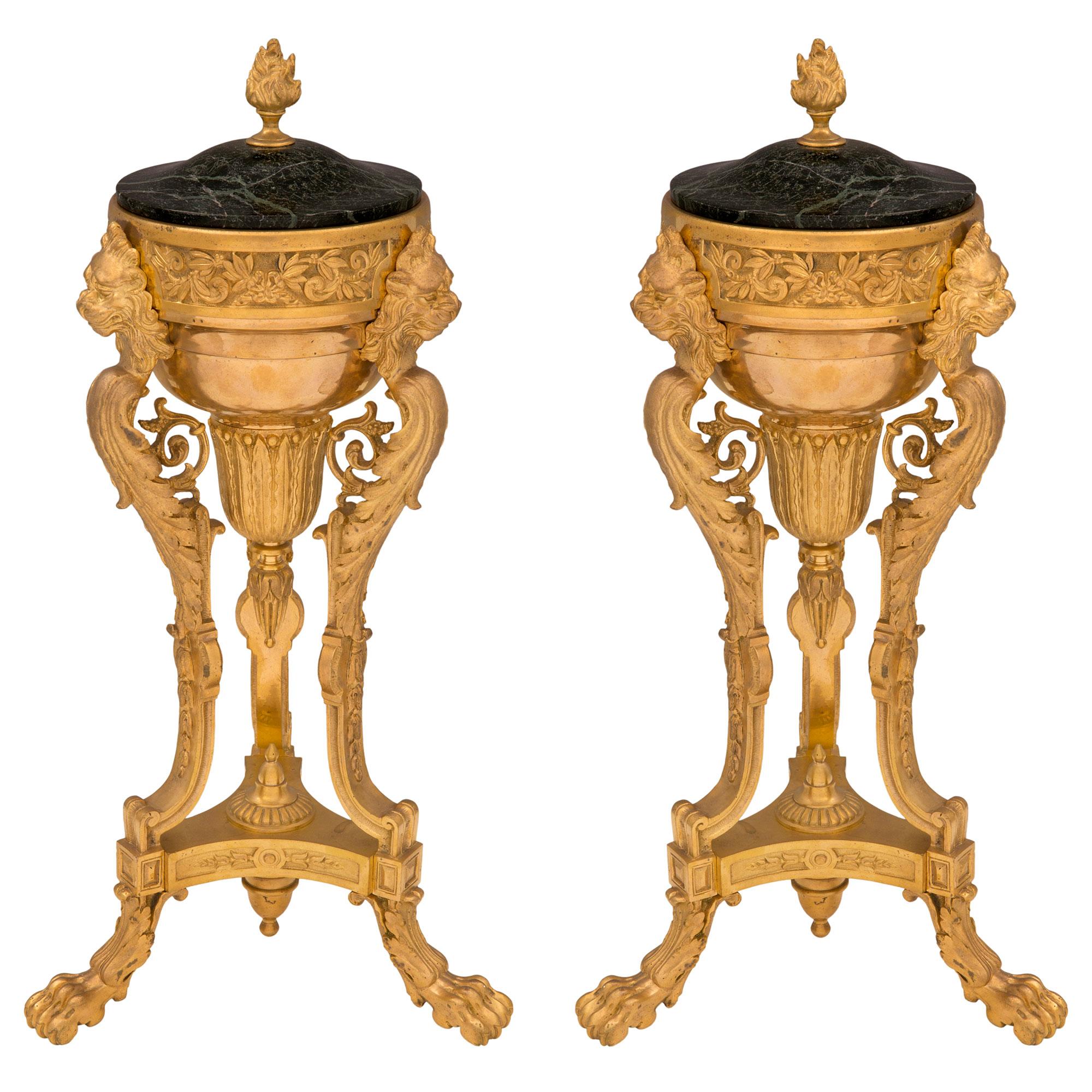 Pair of French 19th Century Neoclassical Style Ormolu and Marble Lidded Urns In Good Condition For Sale In West Palm Beach, FL