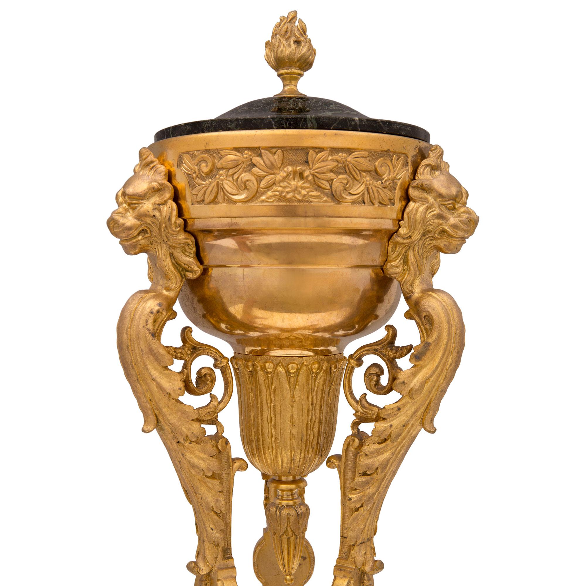 Pair of French 19th Century Neoclassical Style Ormolu and Marble Lidded Urns For Sale 1