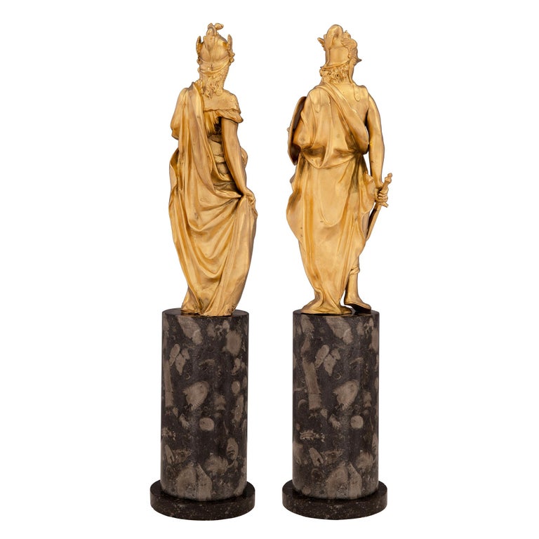 Pair of French 19th Century Neoclassical Style Ormolu and Marble Statues In Good Condition For Sale In West Palm Beach, FL
