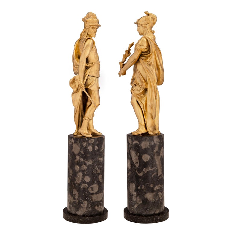 Pair of French 19th Century Neoclassical Style Ormolu and Marble Statues For Sale 1