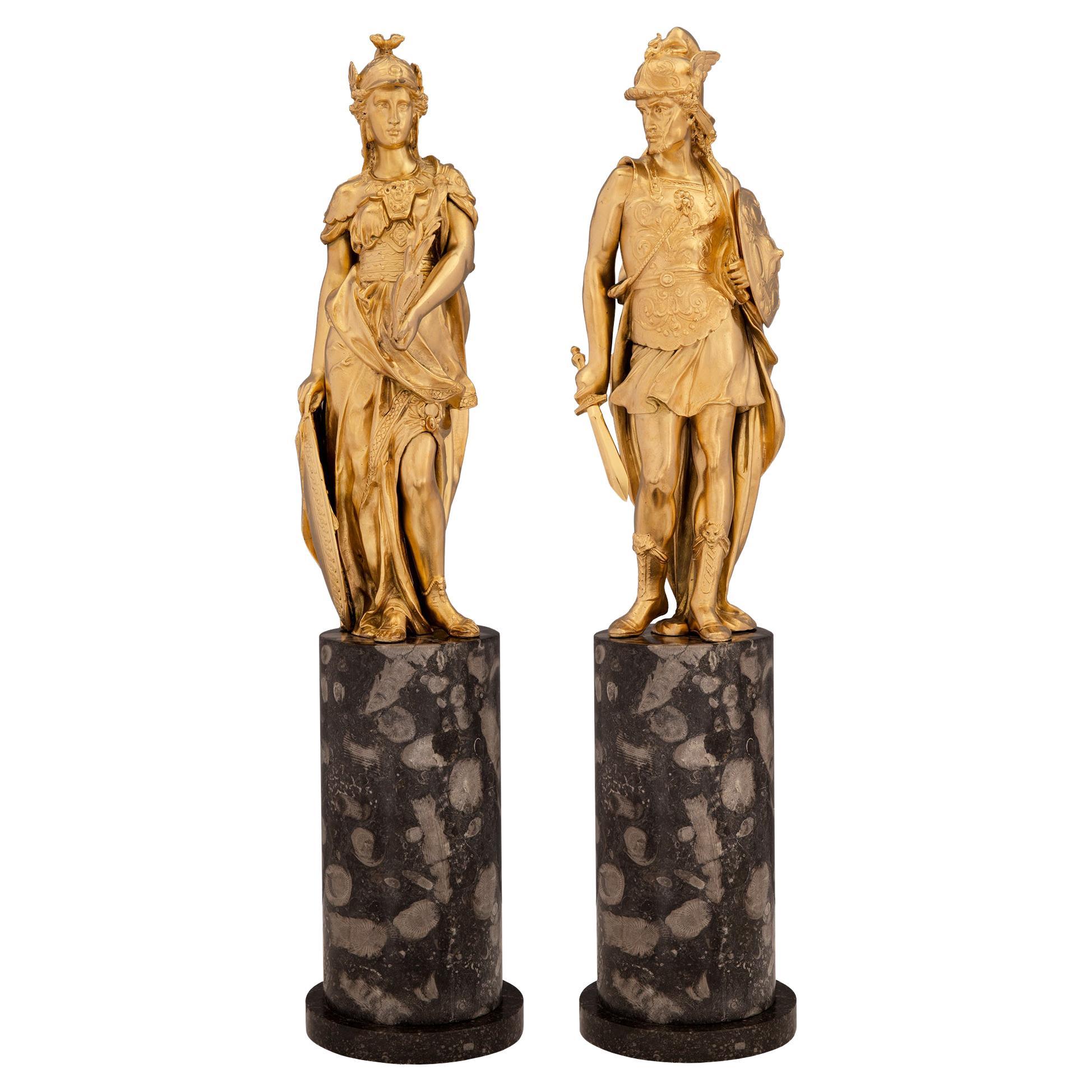 Pair of French 19th Century Neoclassical Style Ormolu and Marble Statues