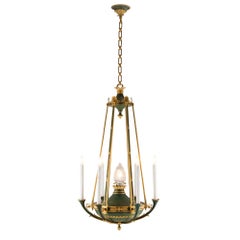 Pair of French 19th Century Neoclassical Style Ormolu and Verdigris Chandeliers