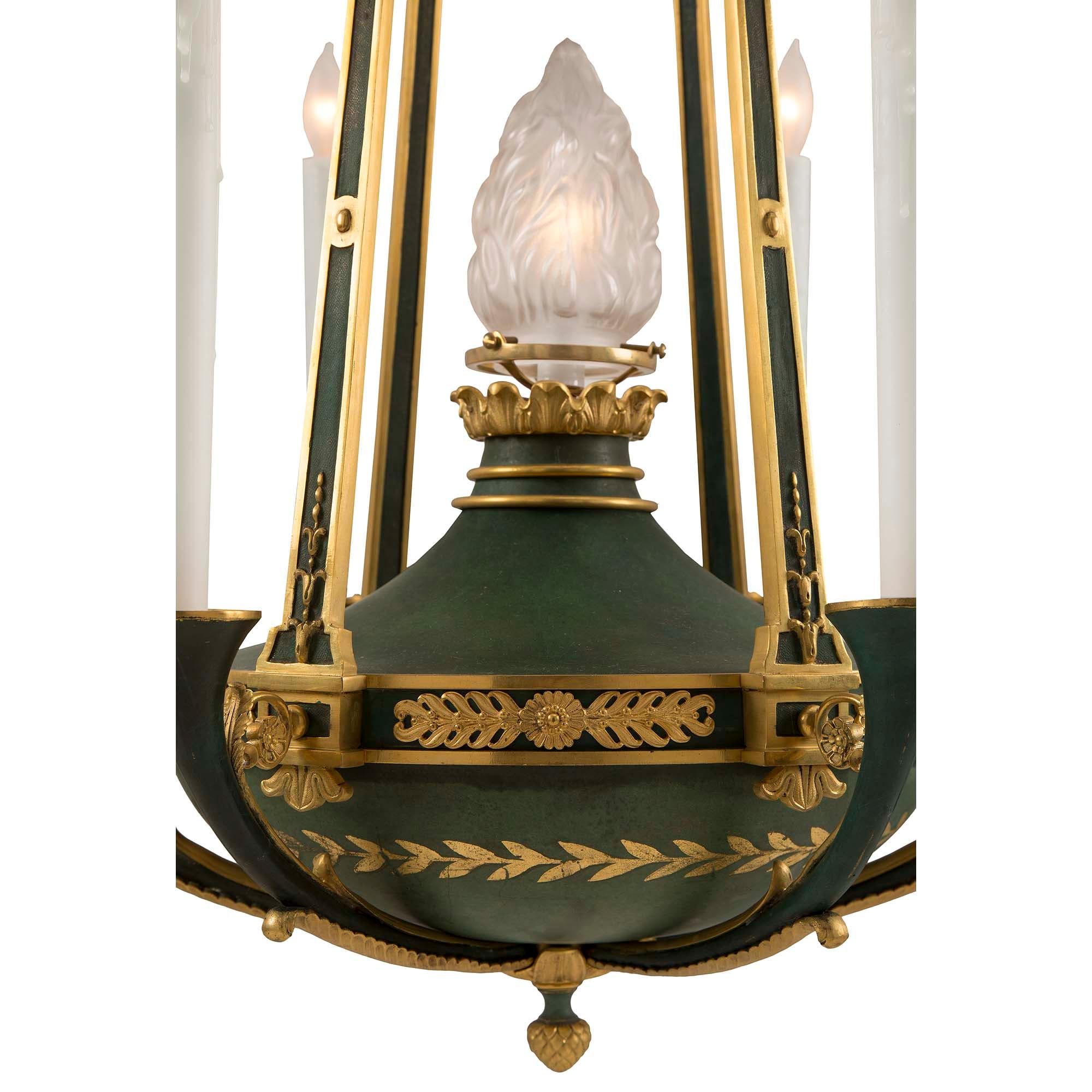 Pair of French 19th Century Neoclassical Style Ormolu and Verdigris Chandeliers For Sale 1