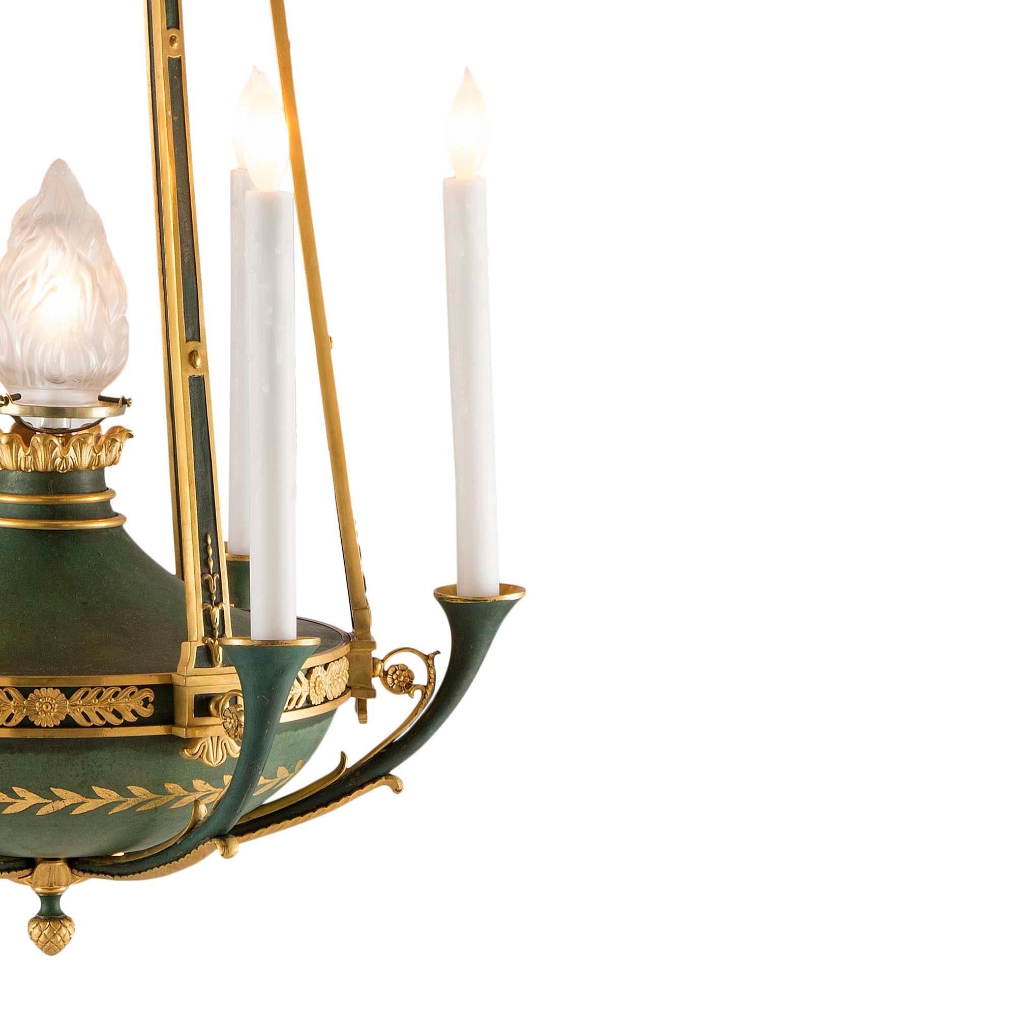 Pair of French 19th Century Neoclassical Style Ormolu and Verdigris Chandeliers For Sale 2