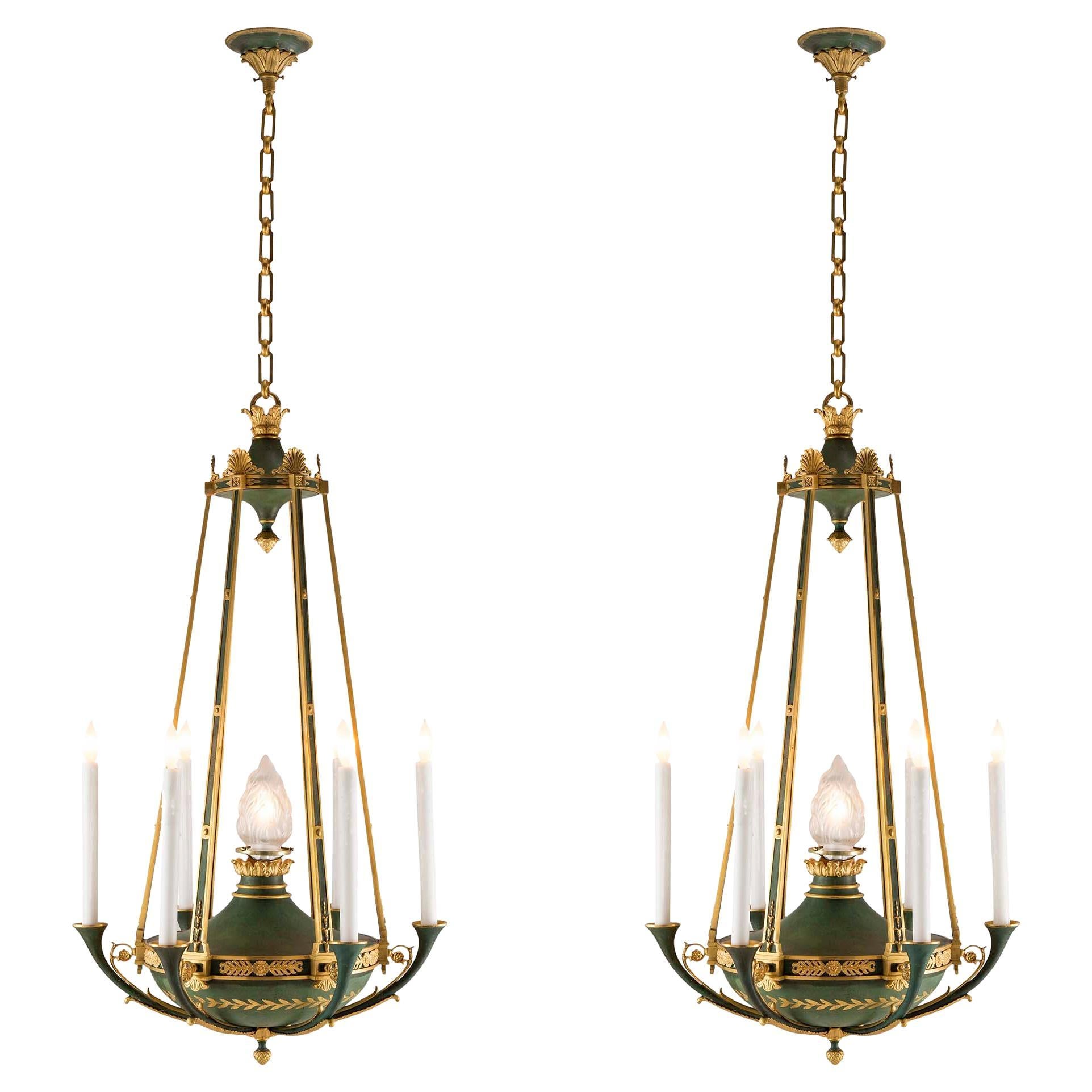 Pair of French 19th Century Neoclassical Style Ormolu and Verdigris Chandeliers For Sale
