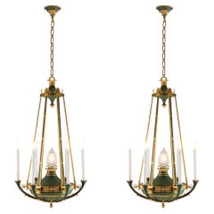Pair of French 19th Century Neoclassical Style Ormolu and Verdigris Chandeliers