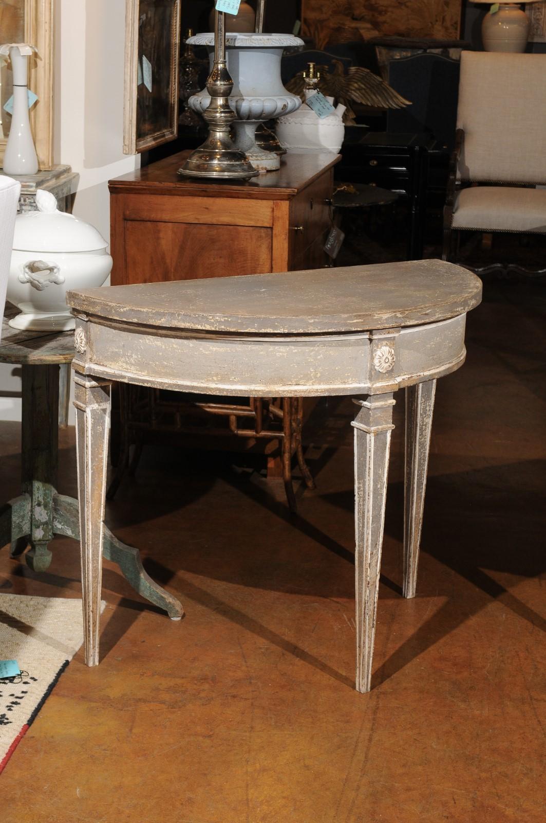 Pair of French 19th Century Neoclassical Style Painted Wood Demilune Tables 7