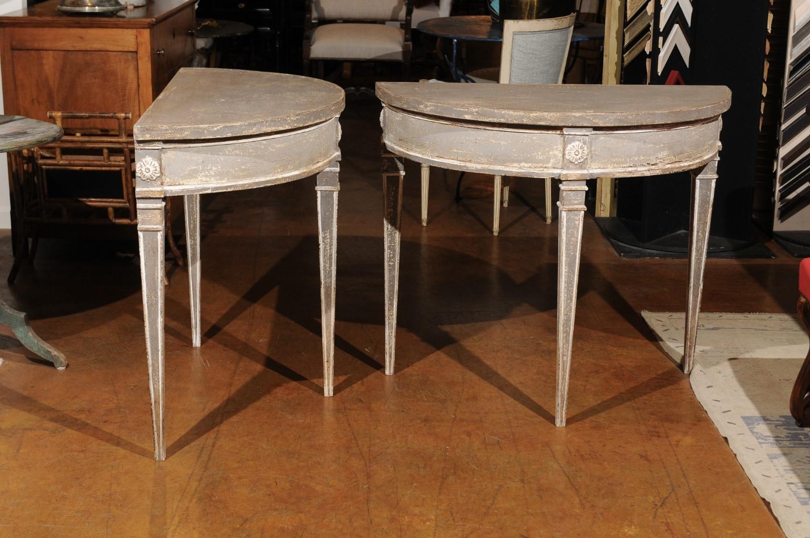 Pair of French 19th Century Neoclassical Style Painted Wood Demilune Tables 9