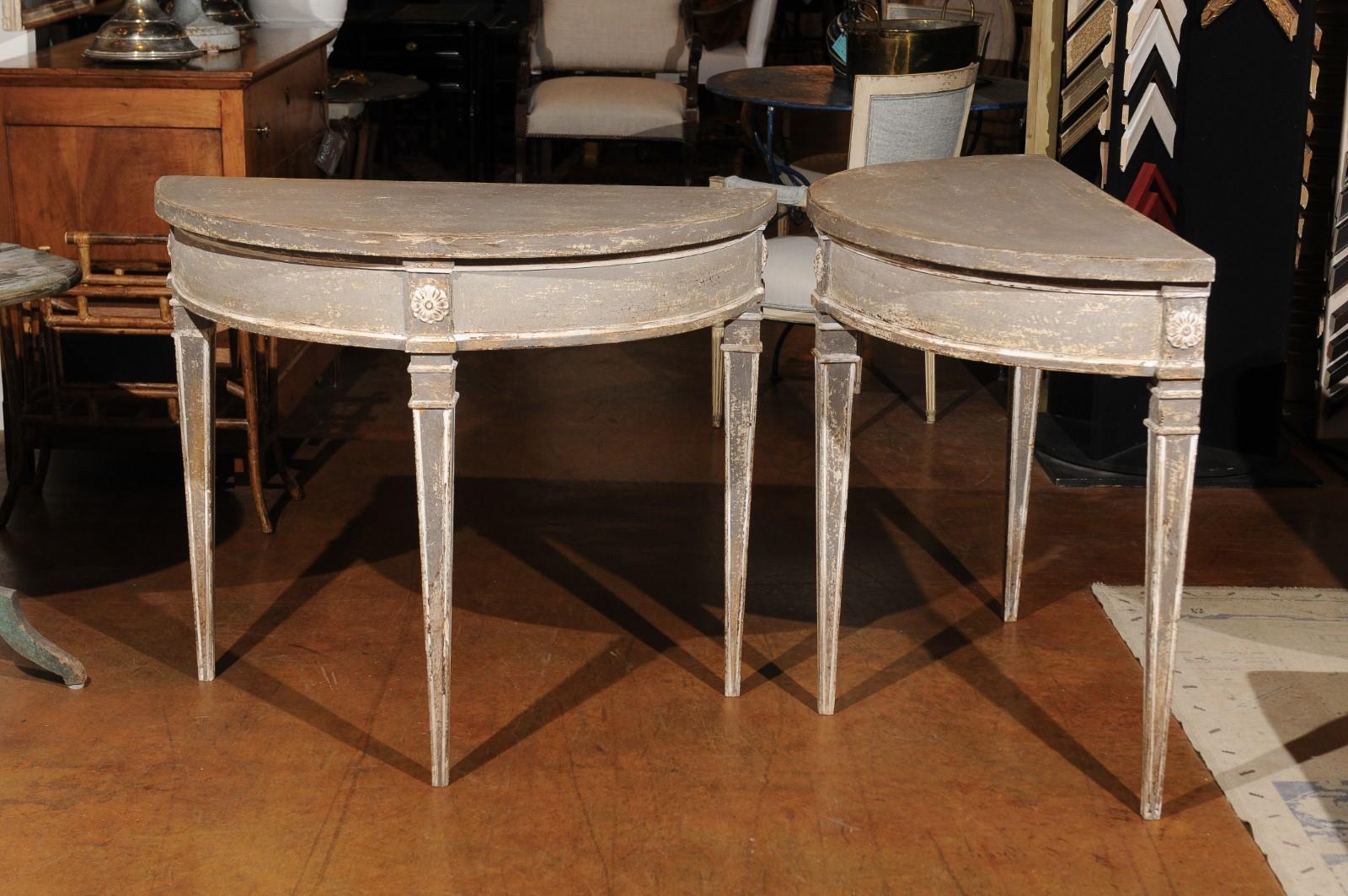 Pair of French 19th Century Neoclassical Style Painted Wood Demilune Tables 2