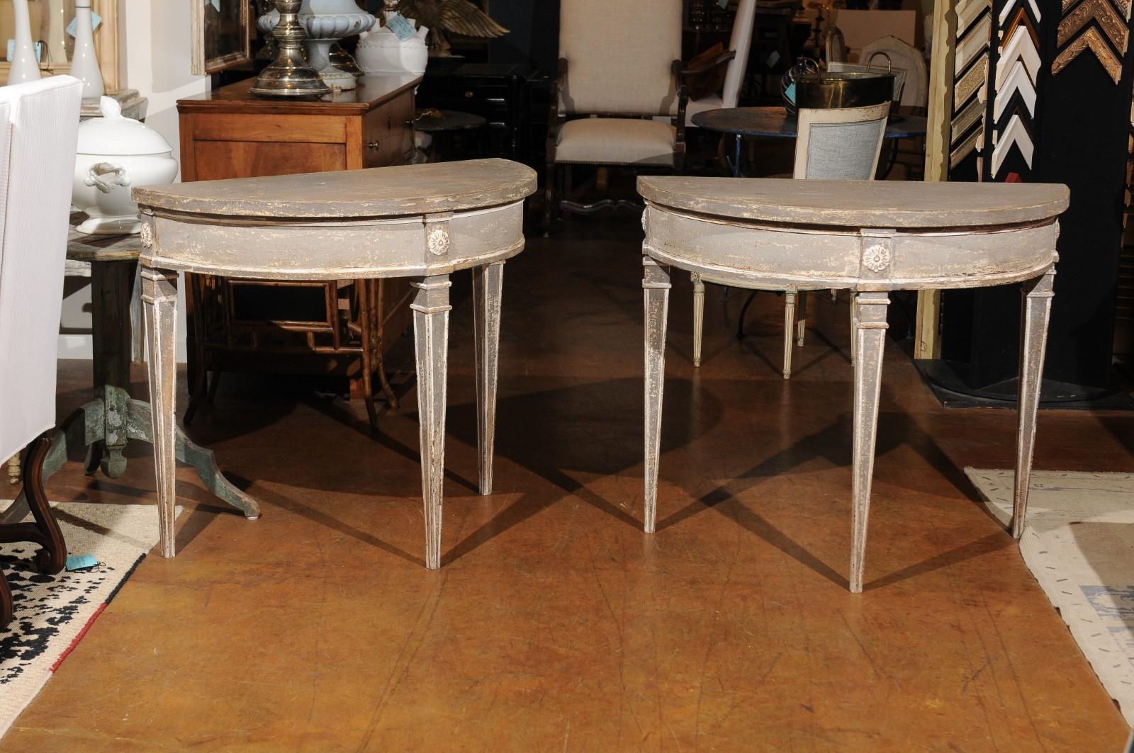 Pair of French 19th Century Neoclassical Style Painted Wood Demilune Tables 5