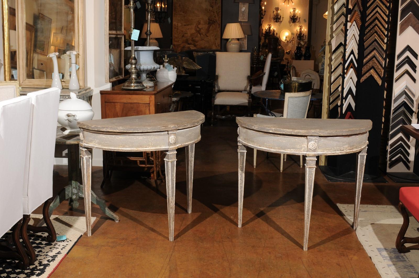 Pair of French 19th Century Neoclassical Style Painted Wood Demilune Tables 6