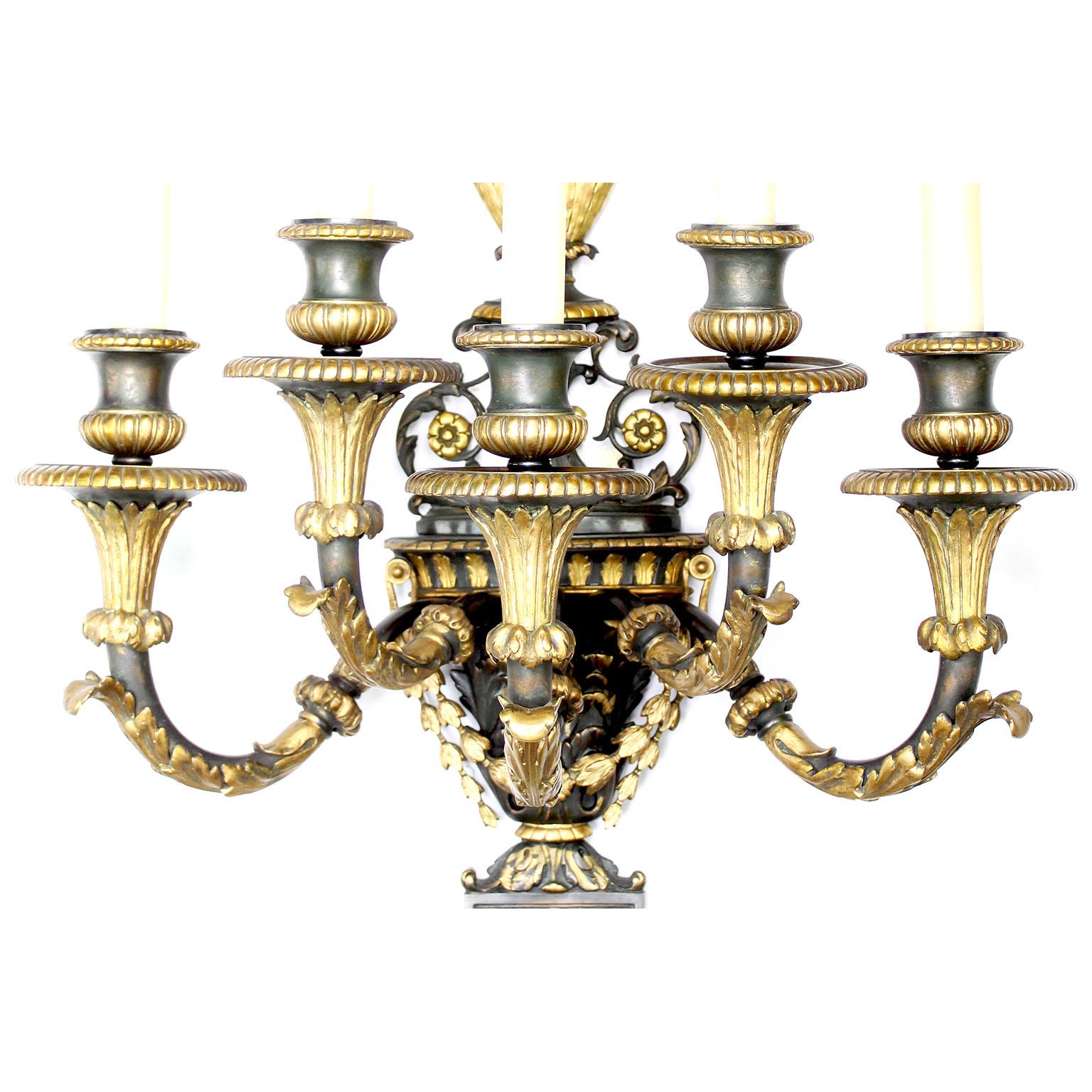 Patinated Pr. French 19th Century Empire Neoclassical Style Parcel-Gilt Bronze Wall Lights For Sale