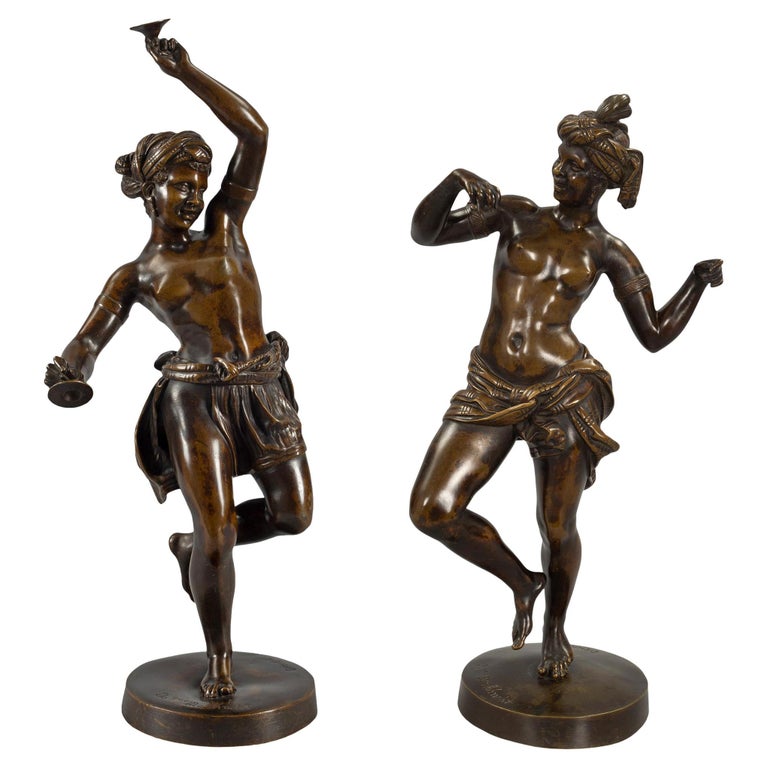 Pair of French 19th Century Neoclassical Style Patinated Bronze Statues For Sale