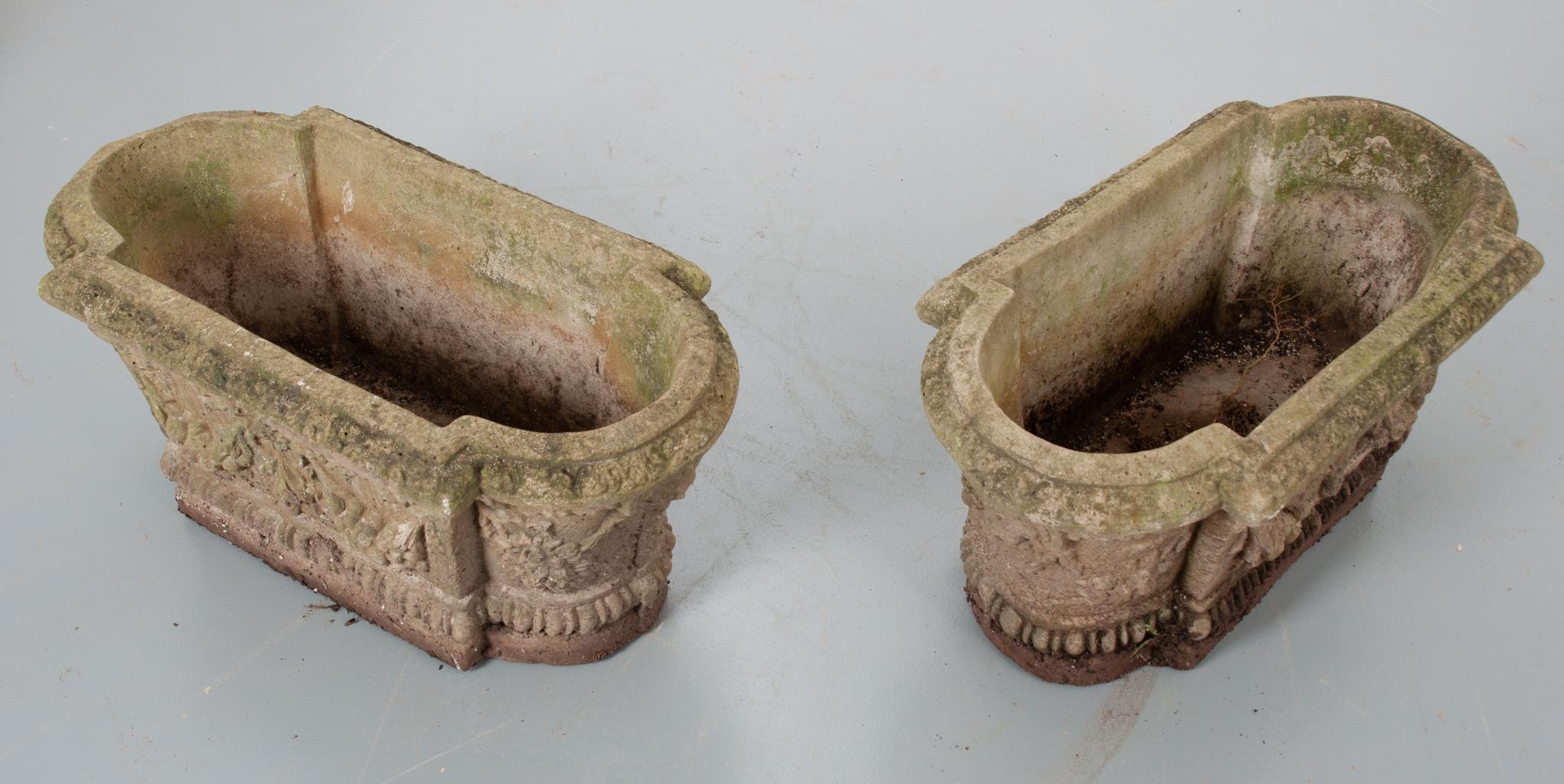 Pair of French 19th Century Oblong Cast Stone Planters In Good Condition In Baton Rouge, LA