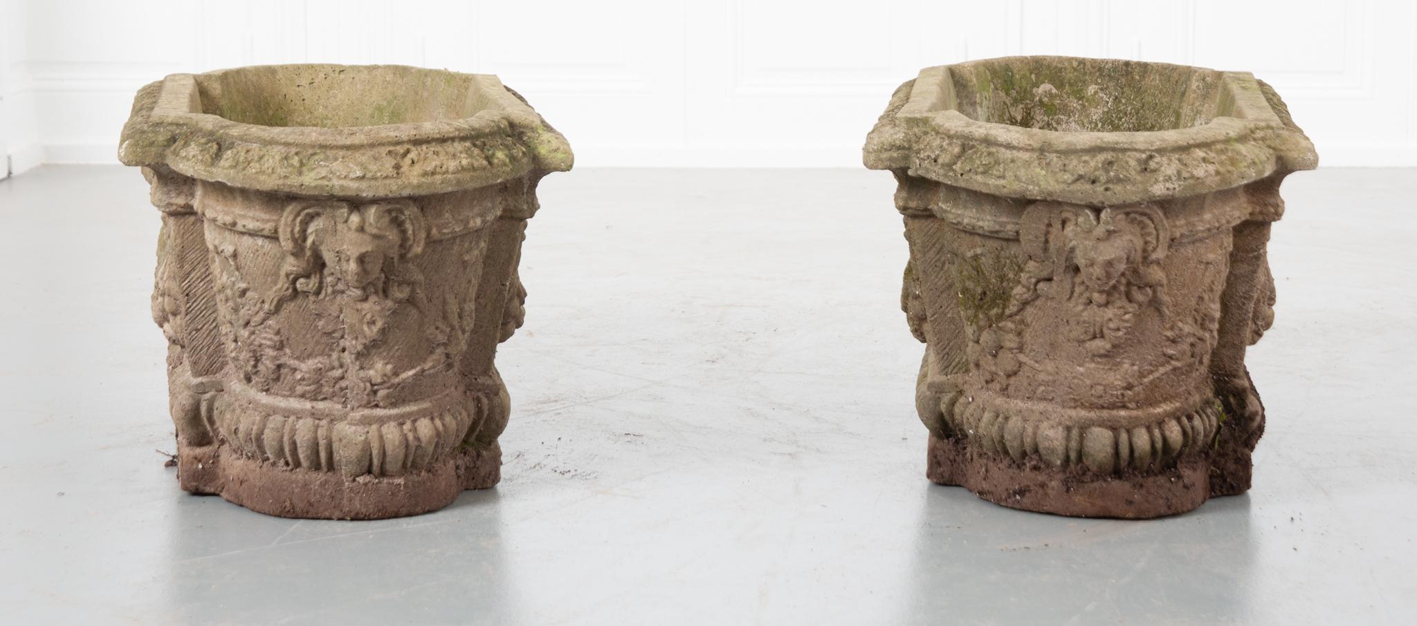 Pair of French 19th Century Oblong Cast Stone Planters 1