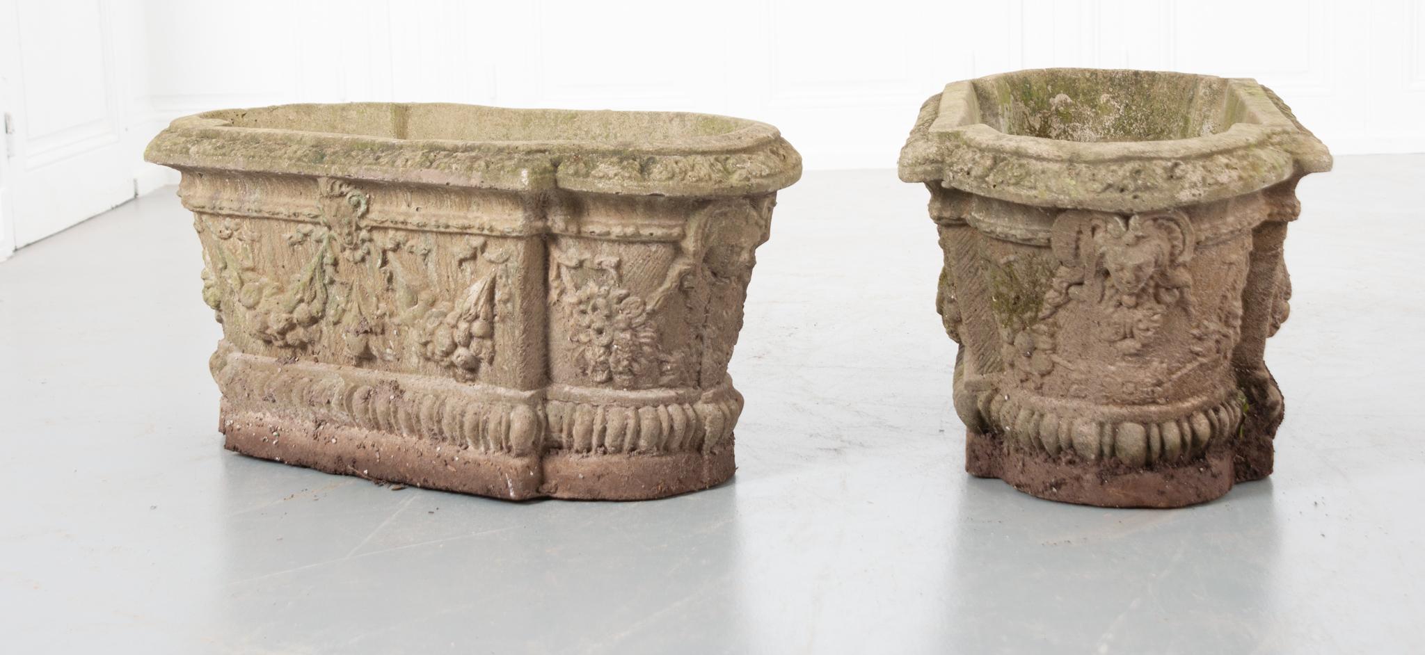 Pair of French 19th Century Oblong Cast Stone Planters 2